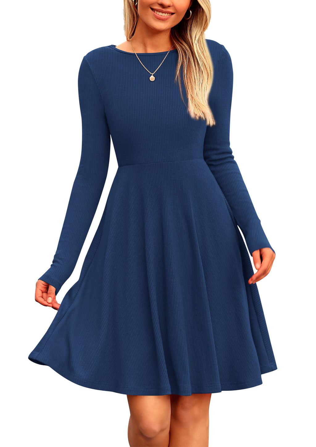 PRETTYGARDEN Women's Spring Fall Short Dress Ribbed Knit Crewneck Long Sleeve A Line Flowy Casual Elegant Going Out Dresses
