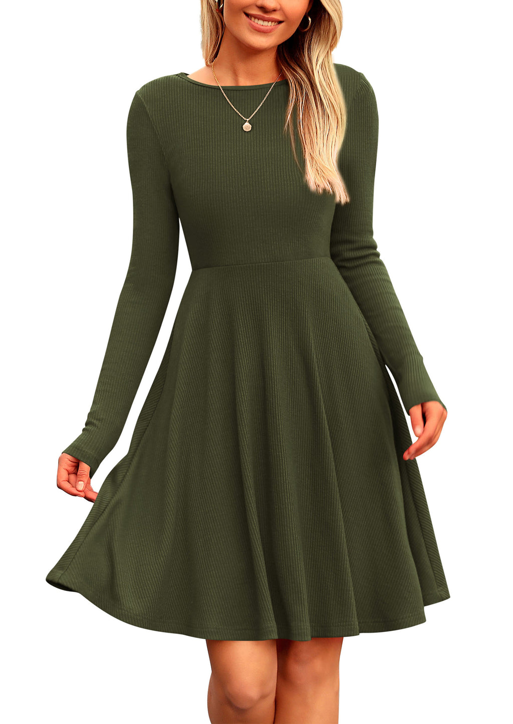 PRETTYGARDEN Women's Spring Fall Short Dress Ribbed Knit Crewneck Long Sleeve A Line Flowy Casual Elegant Going Out Dresses