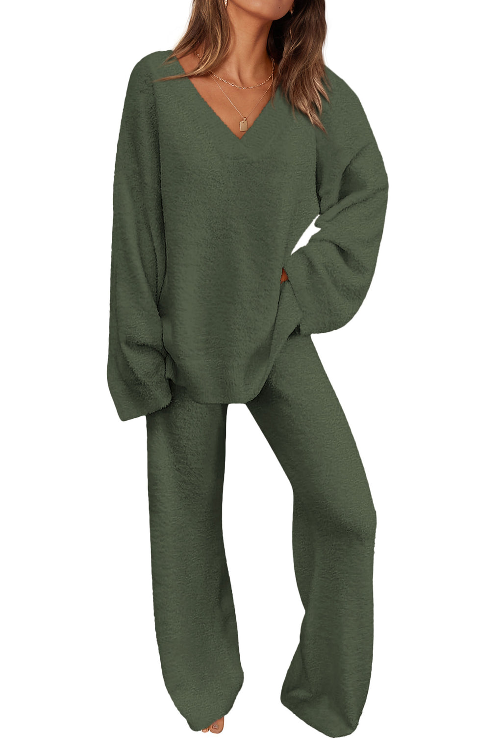 PRETTYGARDEN Women's 2 Piece Pullover Sweater Set Oversized V Neck Top Wide Leg Pants Fall Winter Fuzzy Lounge Outfit