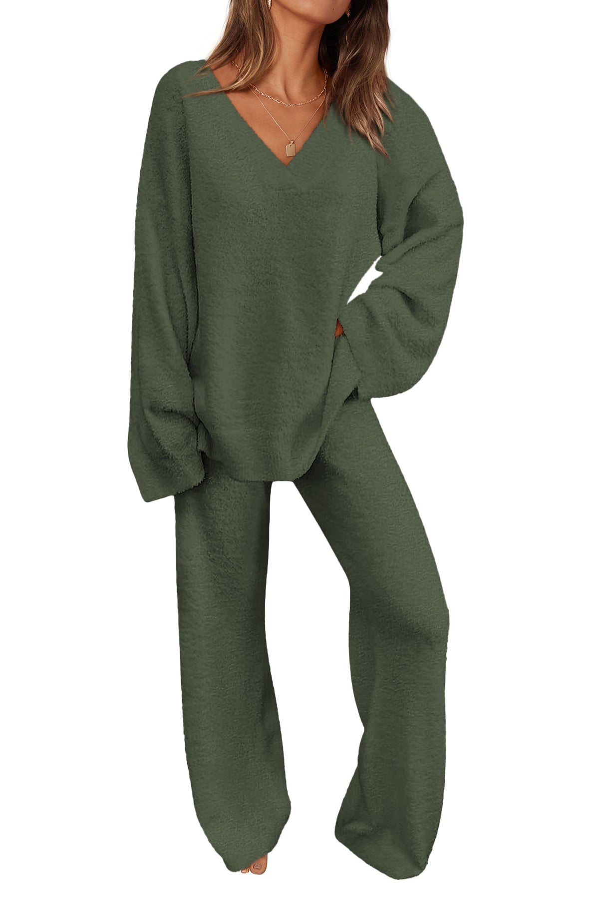 PRETTYGARDEN Women's 2 Piece Pullover Sweater Set Oversized V Neck Top Wide Leg Pants Fall Winter Fuzzy Lounge Outfit