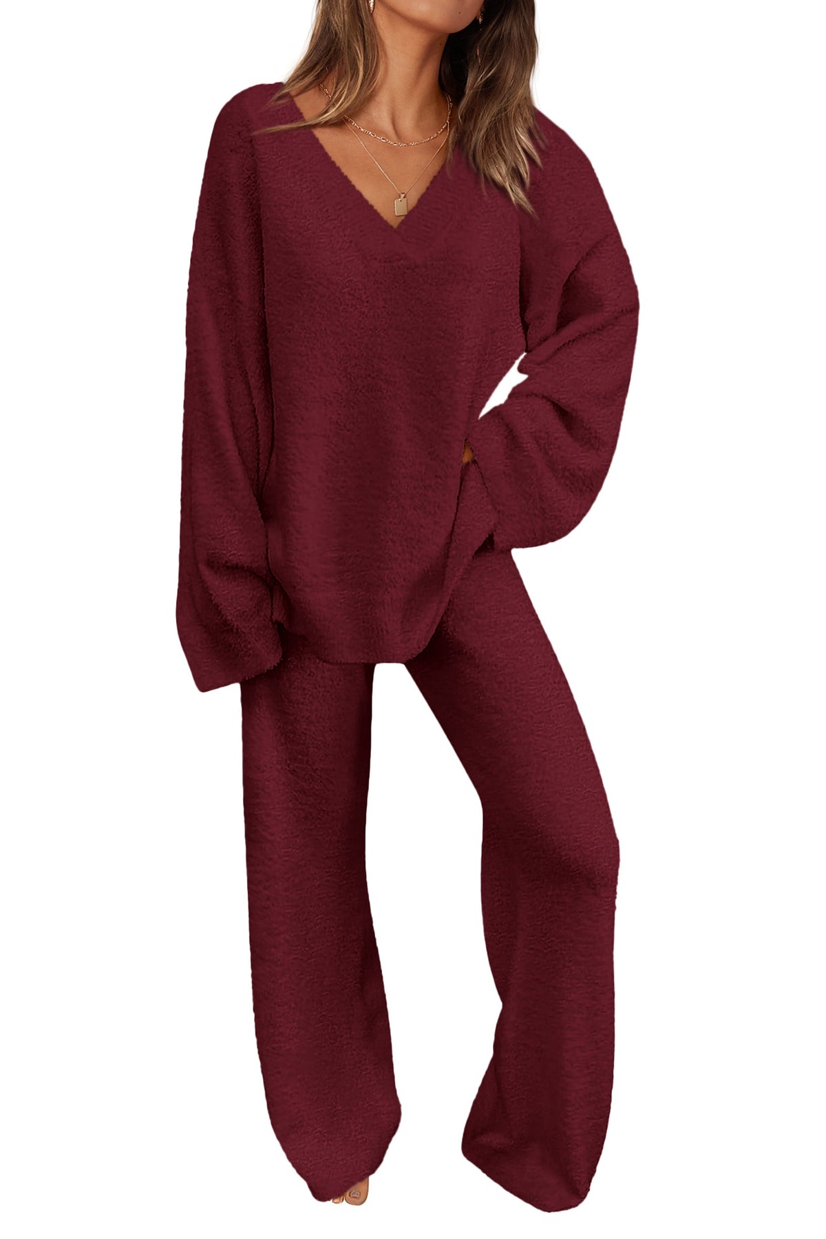 PRETTYGARDEN Women's 2 Piece Pullover Sweater Set Oversized V Neck Top Wide Leg Pants Fall Winter Fuzzy Lounge Outfit