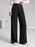 BTFBM Wide Leg Dress Pants Women Business Casual Outfits Elastic High Waisted Palazzo Pants, Button Zip Up Closure, Pleated Office Work Trousers With Pockets, Fall Fashion