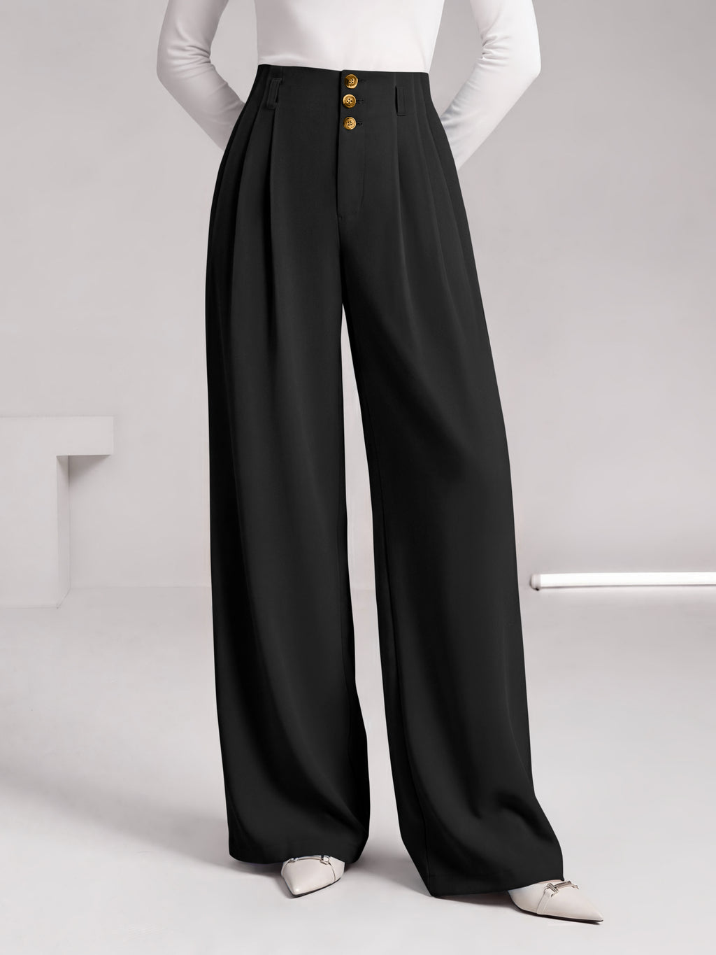 BTFBM Wide Leg Dress Pants Women Business Casual Outfits Elastic High Waisted Palazzo Pants, Button Zip Up Closure, Pleated Office Work Trousers With Pockets, Fall Fashion