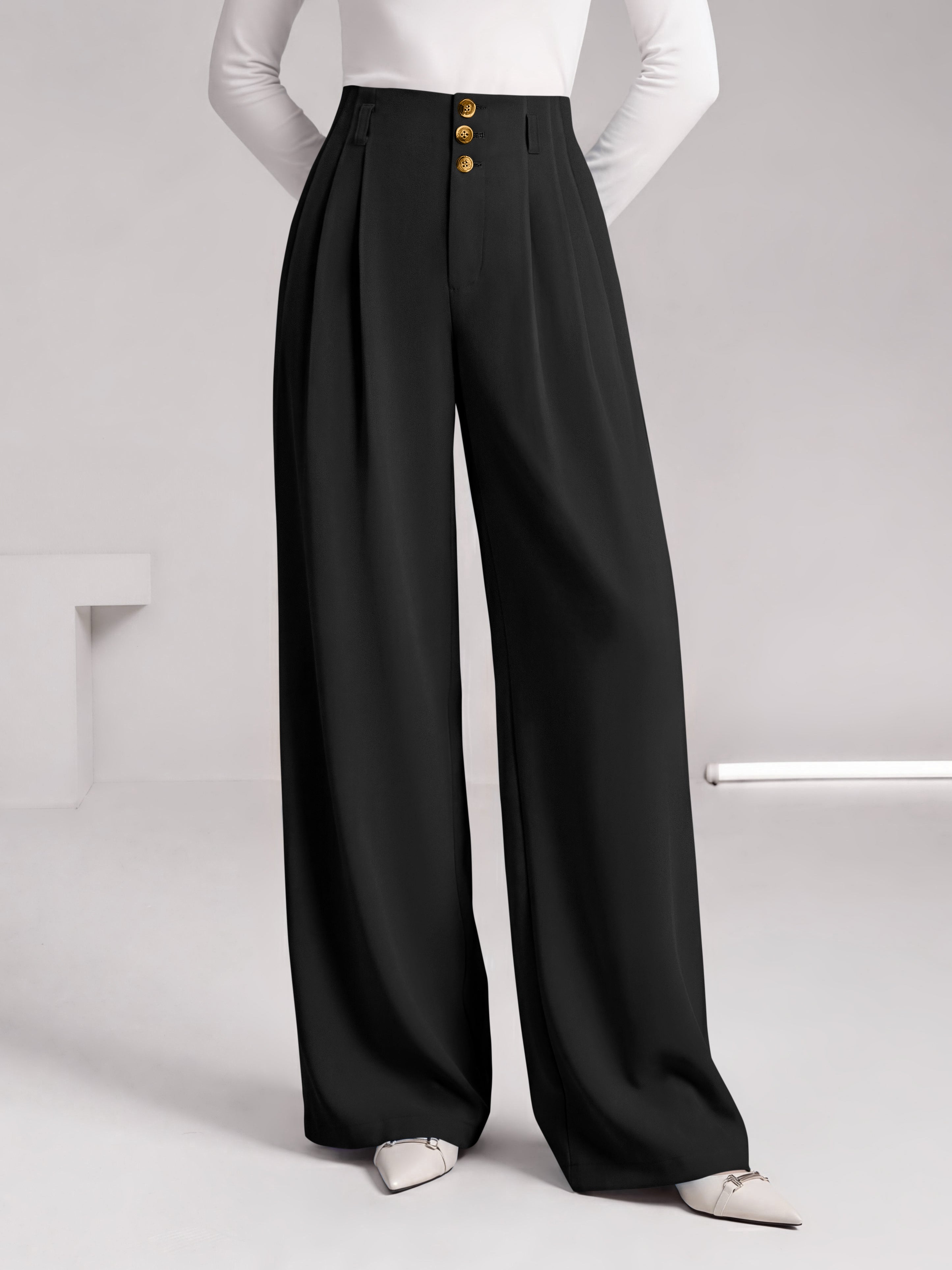 BTFBM Wide Leg Dress Pants Women Business Casual Outfits Elastic High Waisted Palazzo Pants, Button Zip Up Closure, Pleated Office Work Trousers With Pockets, Fall Fashion
