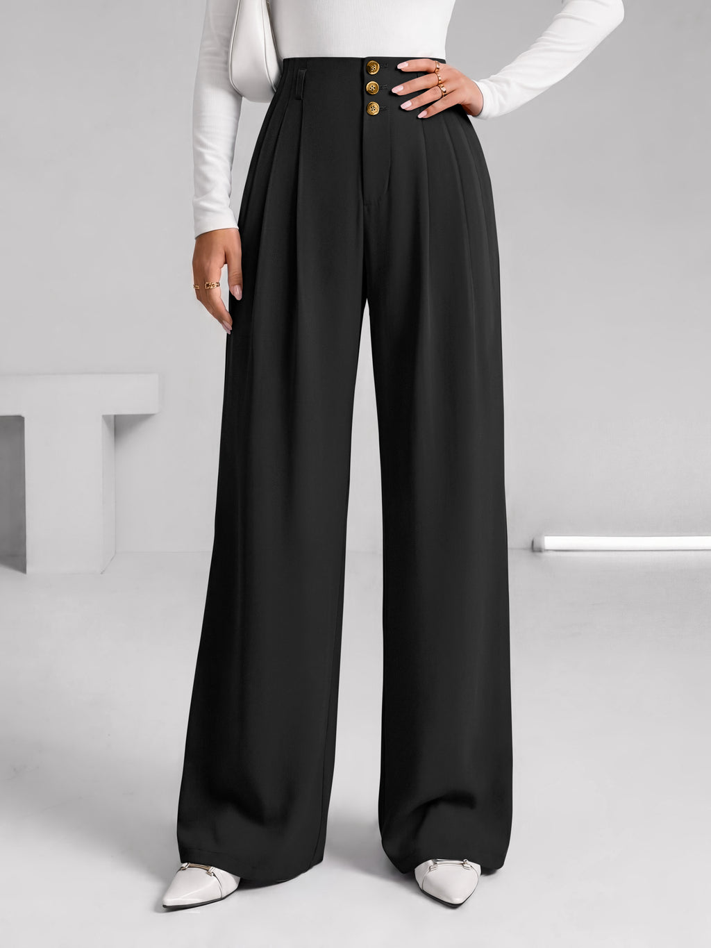 BTFBM Wide Leg Dress Pants Women Business Casual Outfits Elastic High Waisted Palazzo Pants, Button Zip Up Closure, Pleated Office Work Trousers With Pockets, Fall Fashion