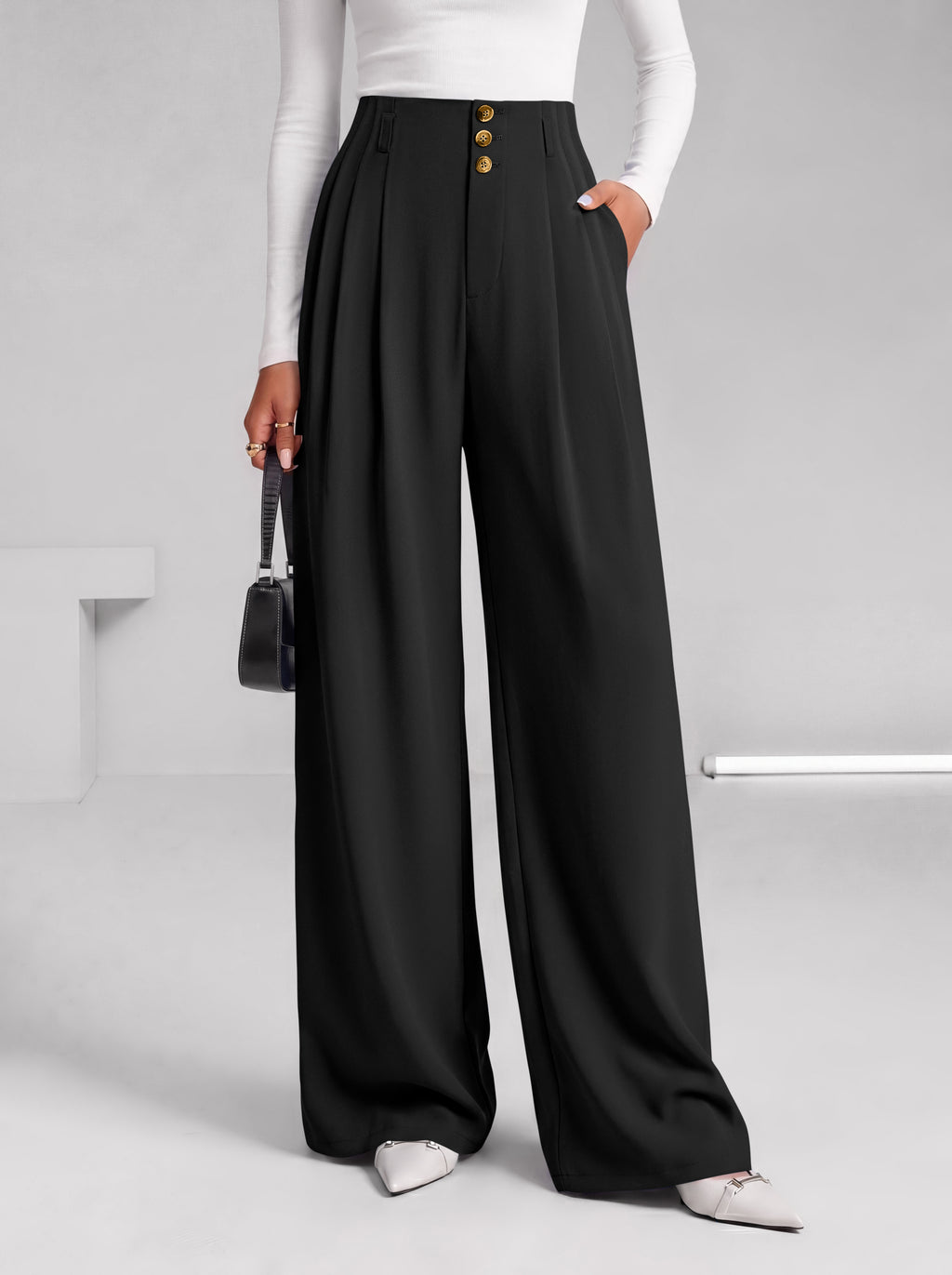 BTFBM Wide Leg Dress Pants Women Business Casual Outfits Elastic High Waisted Palazzo Pants, Button Zip Up Closure, Pleated Office Work Trousers With Pockets, Fall Fashion