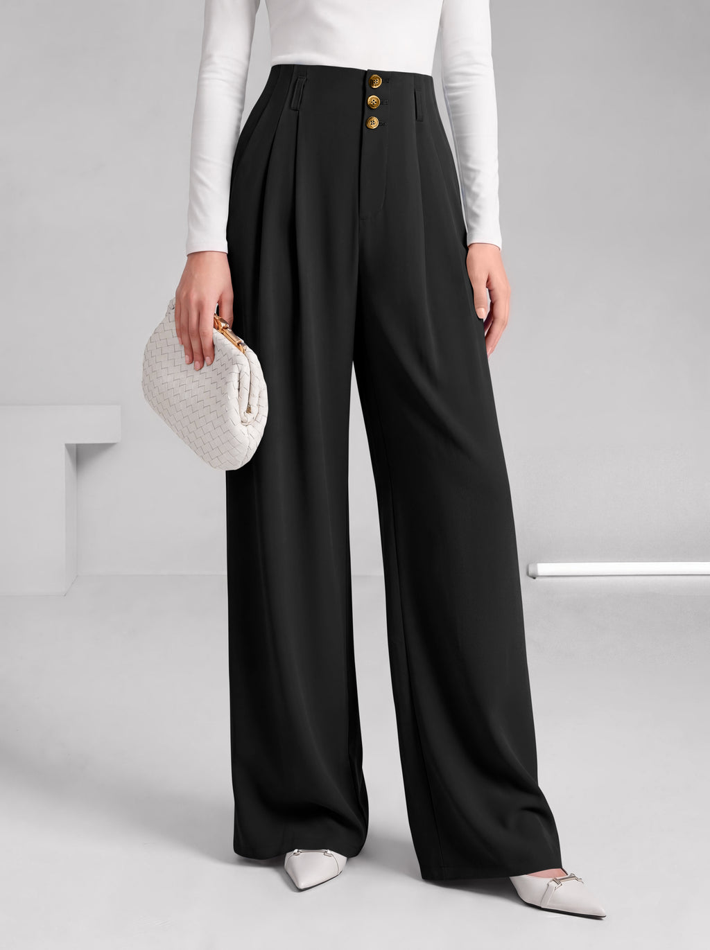 BTFBM Wide Leg Dress Pants Women Business Casual Outfits Elastic High Waisted Palazzo Pants, Button Zip Up Closure, Pleated Office Work Trousers With Pockets, Fall Fashion