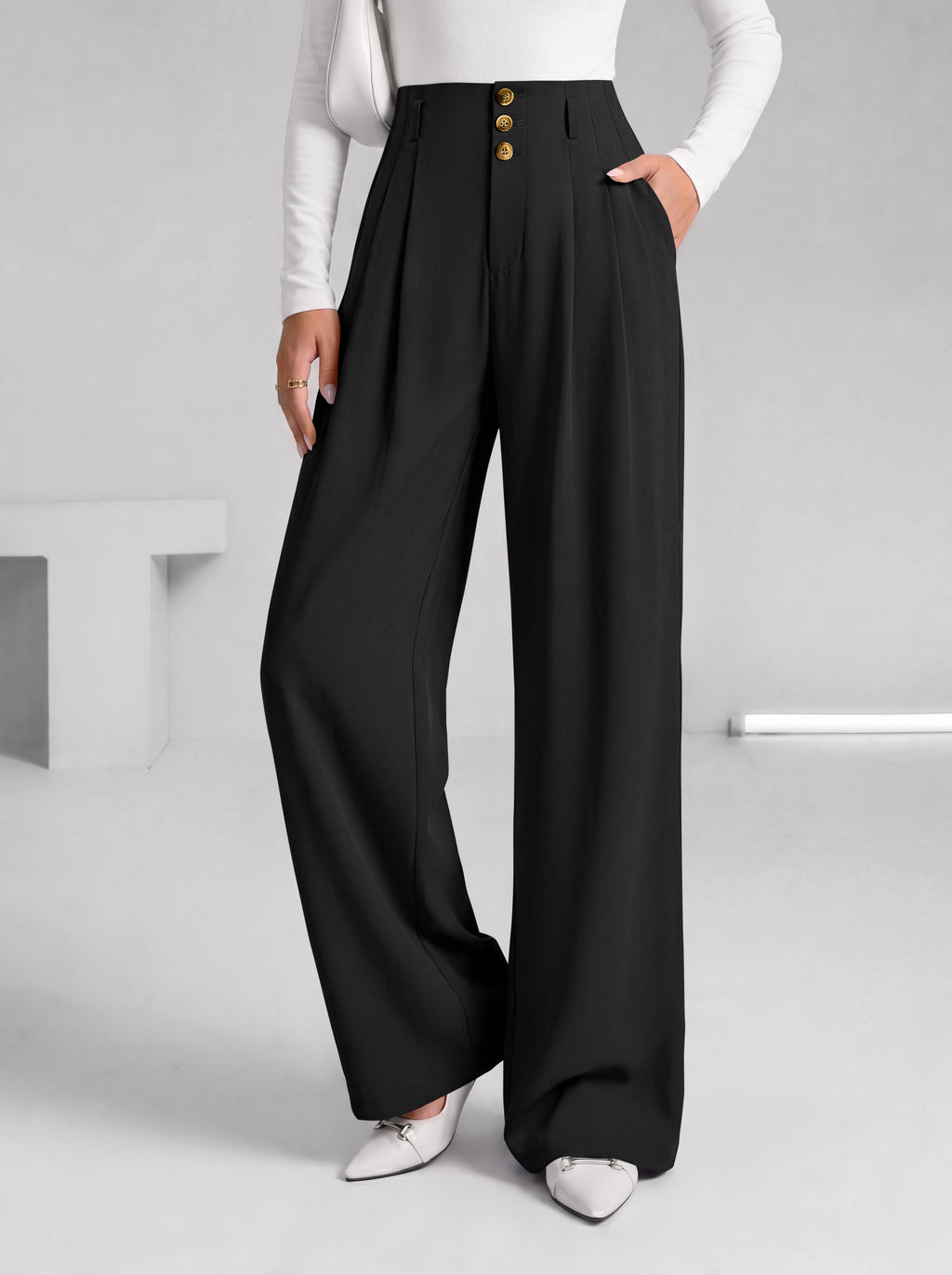 BTFBM Wide Leg Dress Pants Women Business Casual Outfits Elastic High Waisted Palazzo Pants, Button Zip Up Closure, Pleated Office Work Trousers With Pockets, Fall Fashion