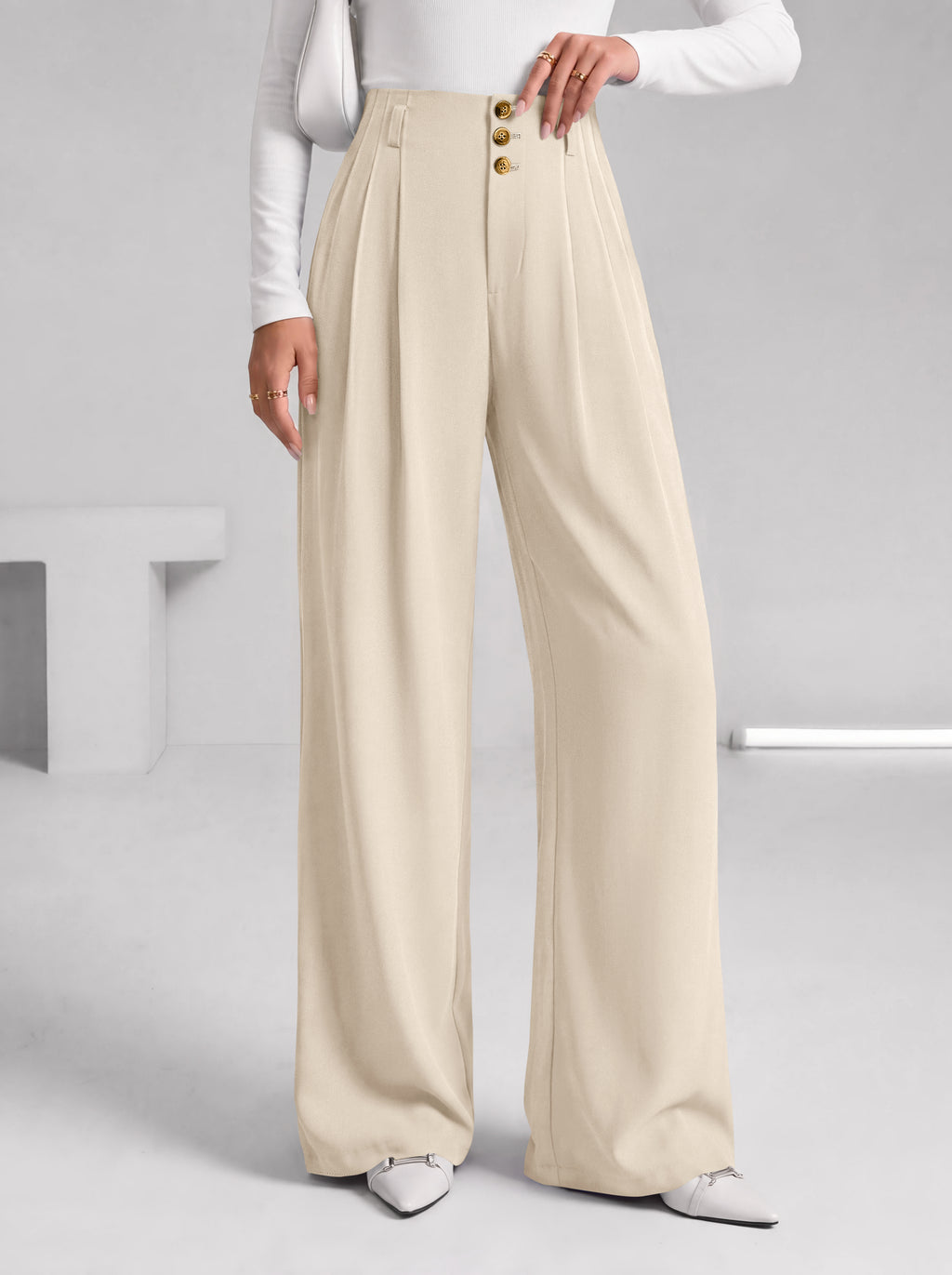 BTFBM Wide Leg Dress Pants Women Business Casual Outfits Elastic High Waisted Palazzo Pants, Button Zip Up Closure, Pleated Office Work Trousers With Pockets, Fall Fashion
