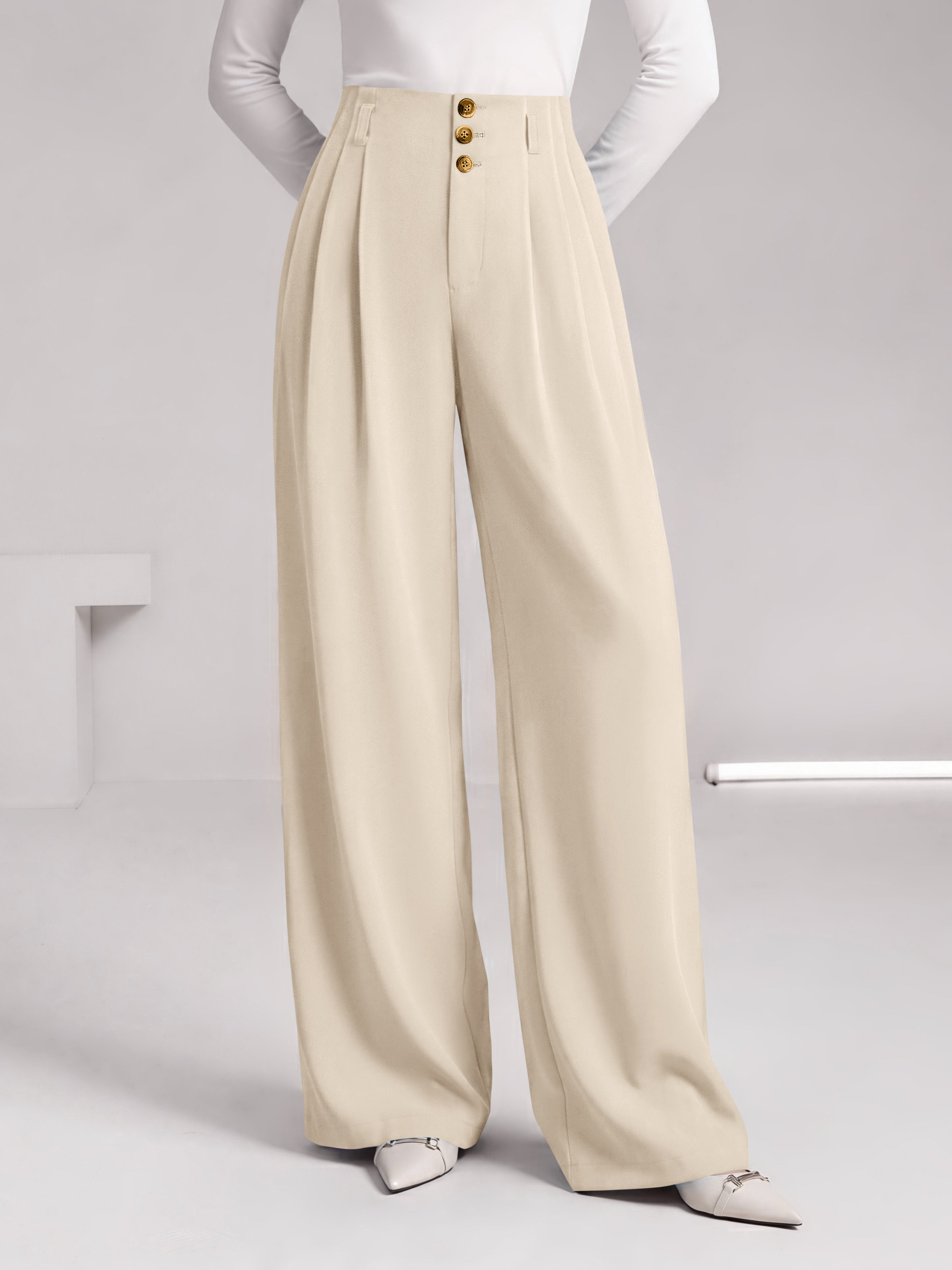 BTFBM Wide Leg Dress Pants Women Business Casual Outfits Elastic High Waisted Palazzo Pants, Button Zip Up Closure, Pleated Office Work Trousers With Pockets, Fall Fashion