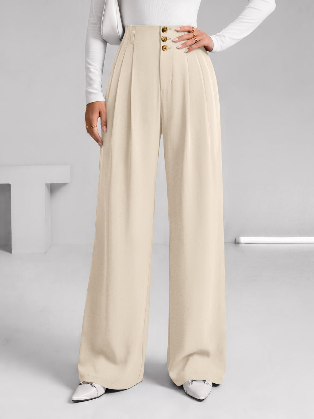 BTFBM Wide Leg Dress Pants Women Business Casual Outfits Elastic High Waisted Palazzo Pants, Button Zip Up Closure, Pleated Office Work Trousers With Pockets, Fall Fashion