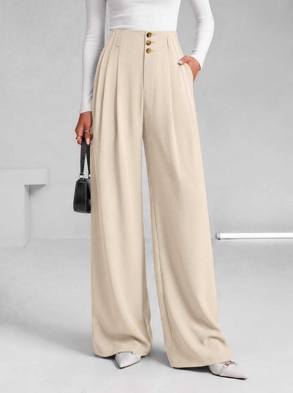BTFBM Wide Leg Dress Pants Women Business Casual Outfits Elastic High Waisted Palazzo Pants, Button Zip Up Closure, Pleated Office Work Trousers With Pockets, Fall Fashion