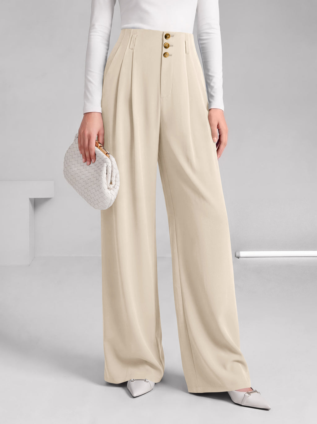 BTFBM Wide Leg Dress Pants Women Business Casual Outfits Elastic High Waisted Palazzo Pants, Button Zip Up Closure, Pleated Office Work Trousers With Pockets, Fall Fashion