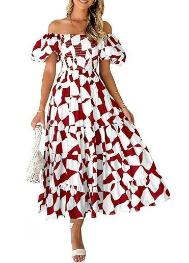 PRETTYGARDEN Women's Summer Boho Midi Dress Off Shoulder Puff Sleeve Print Smocked Ruffle Beach Long Flowy Dresses