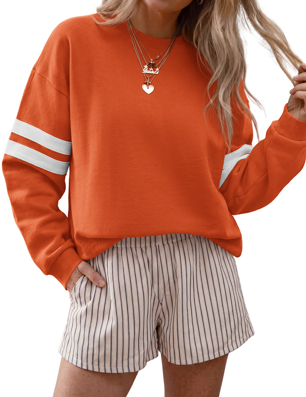 BTFBM Womens Oversized Sweatshirt Varsity Striped Tops Casual Long Sleeve Crewneck Drop Shoulder Knit Pullover Sweatshirts,Retro Sporty,Work,School,Holiday,Fall Winter