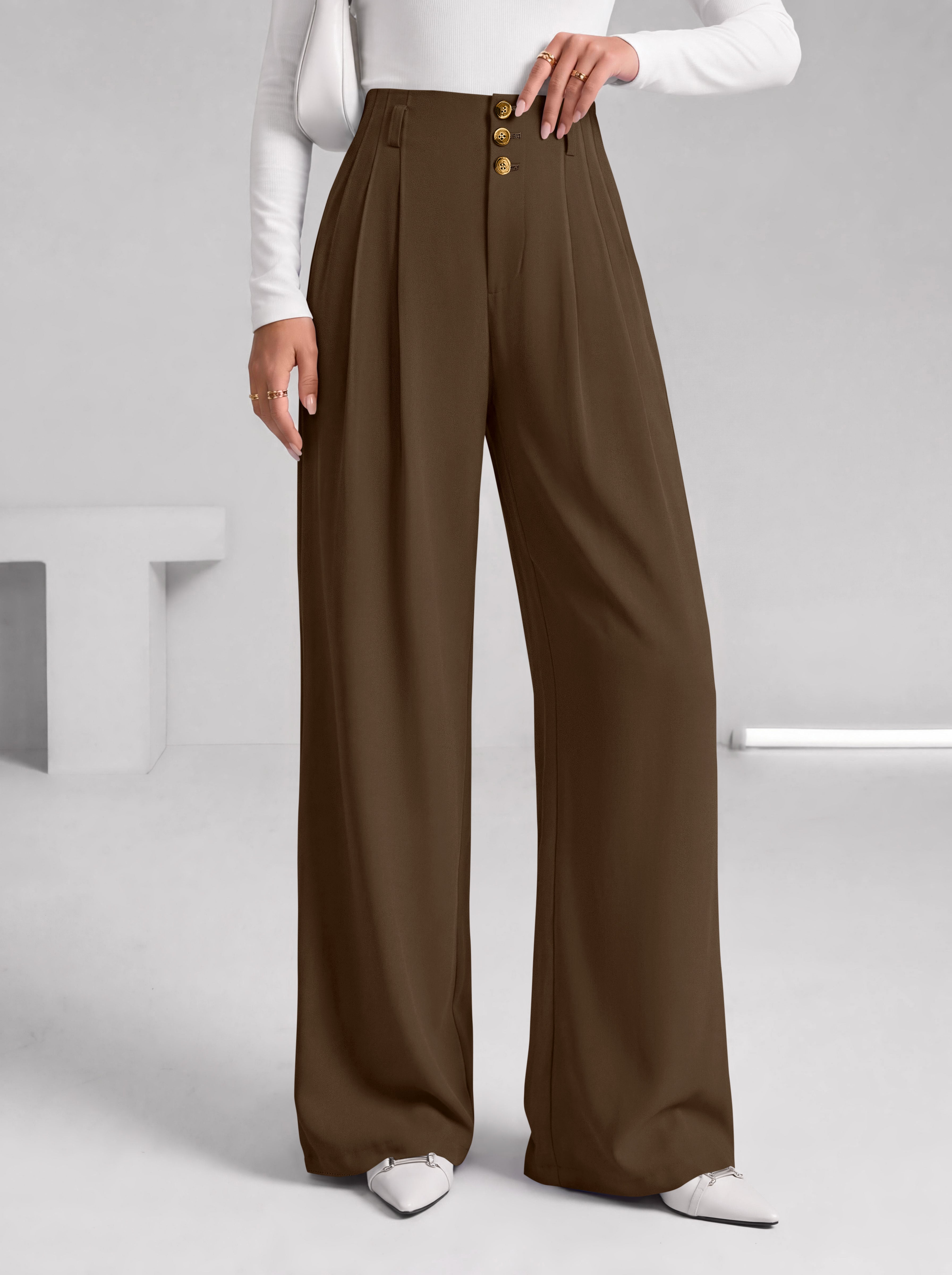 BTFBM Wide Leg Dress Pants Women Business Casual Outfits Elastic High Waisted Palazzo Pants, Button Zip Up Closure, Pleated Office Work Trousers With Pockets, Fall Fashion