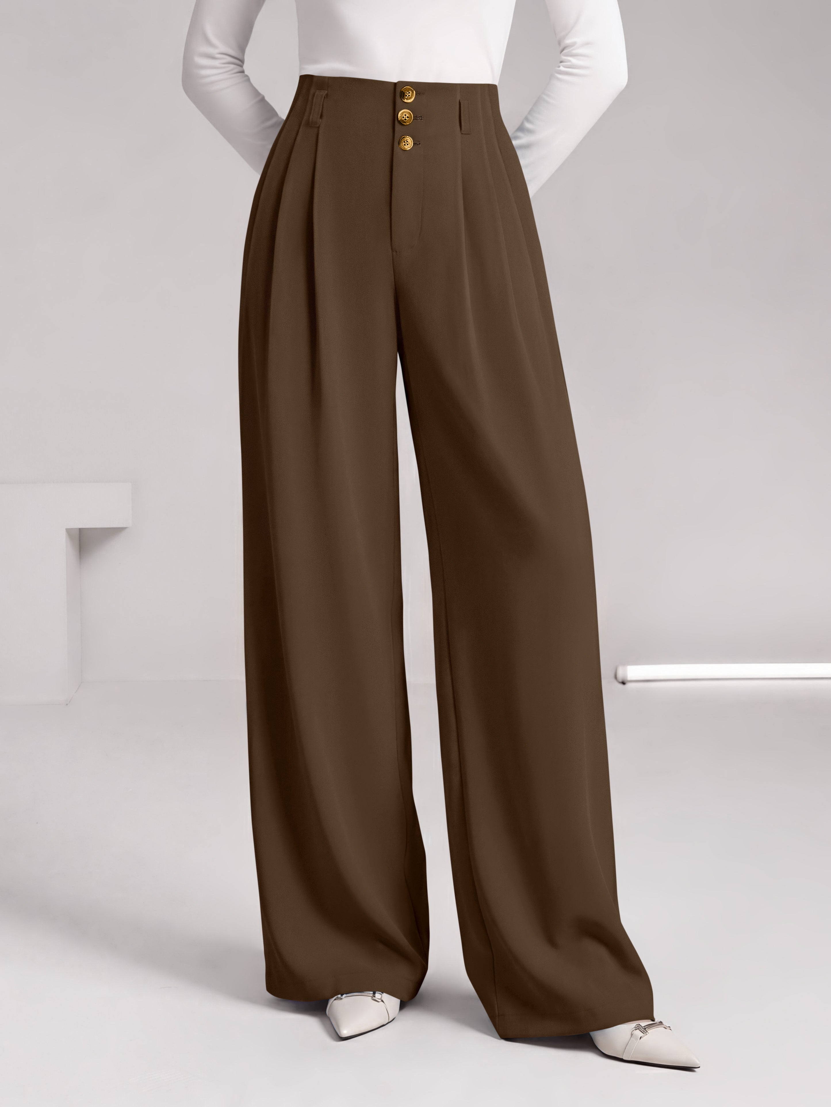 BTFBM Wide Leg Dress Pants Women Business Casual Outfits Elastic High Waisted Palazzo Pants, Button Zip Up Closure, Pleated Office Work Trousers With Pockets, Fall Fashion