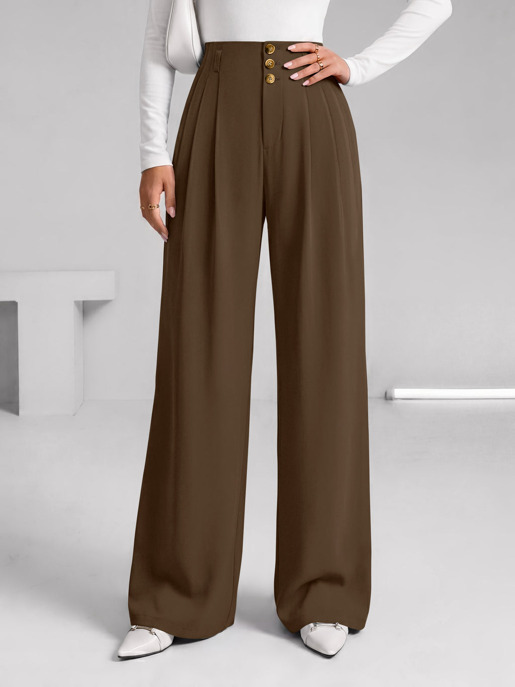 BTFBM Wide Leg Dress Pants Women Business Casual Outfits Elastic High Waisted Palazzo Pants, Button Zip Up Closure, Pleated Office Work Trousers With Pockets, Fall Fashion