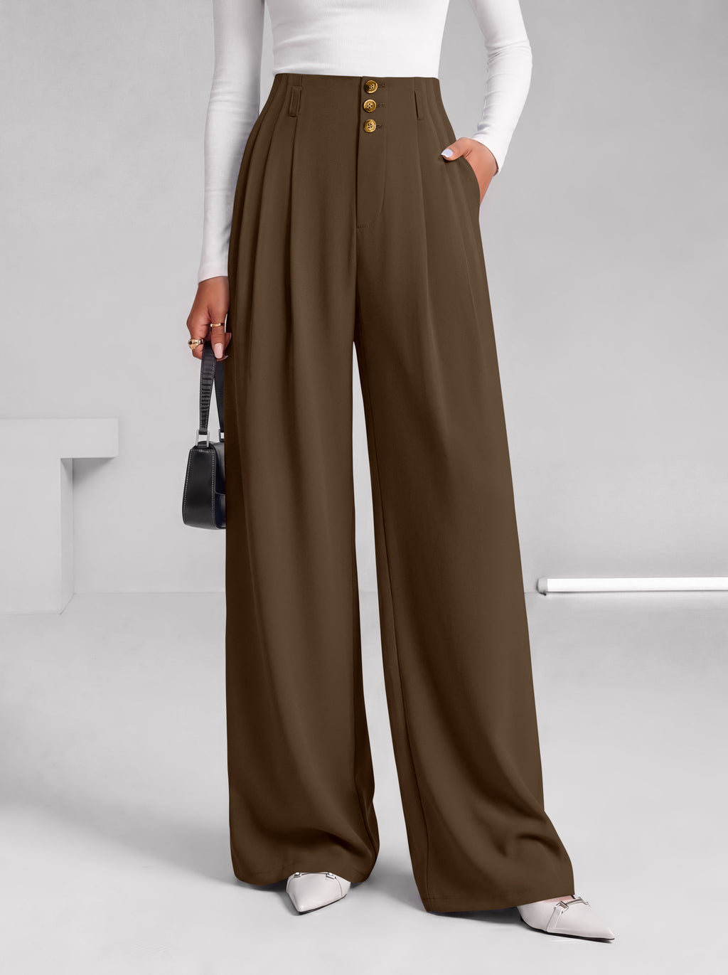 BTFBM Wide Leg Dress Pants Women Business Casual Outfits Elastic High Waisted Palazzo Pants, Button Zip Up Closure, Pleated Office Work Trousers With Pockets, Fall Fashion