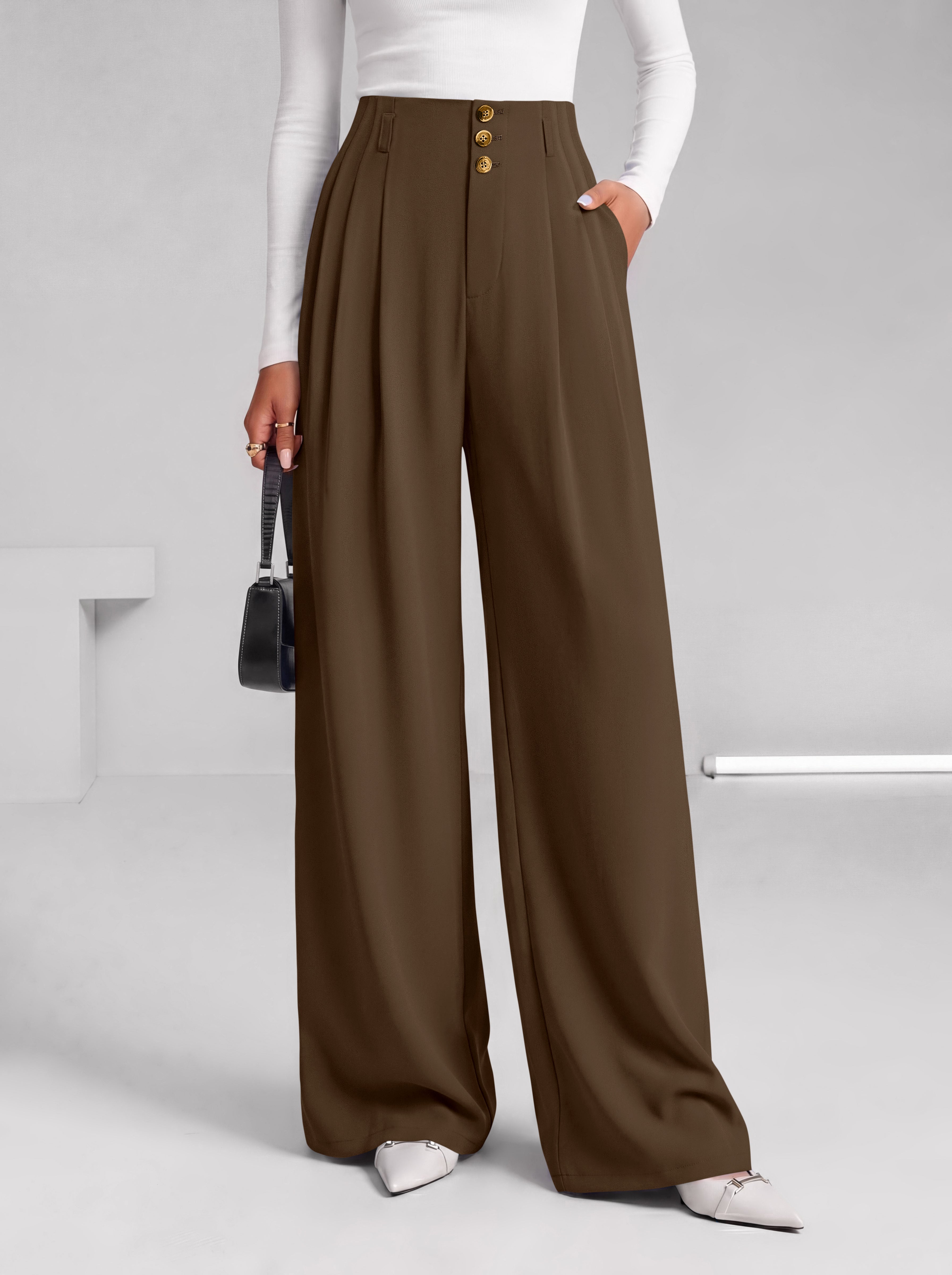 BTFBM Wide Leg Dress Pants Women Business Casual Outfits Elastic High Waisted Palazzo Pants, Button Zip Up Closure, Pleated Office Work Trousers With Pockets, Fall Fashion