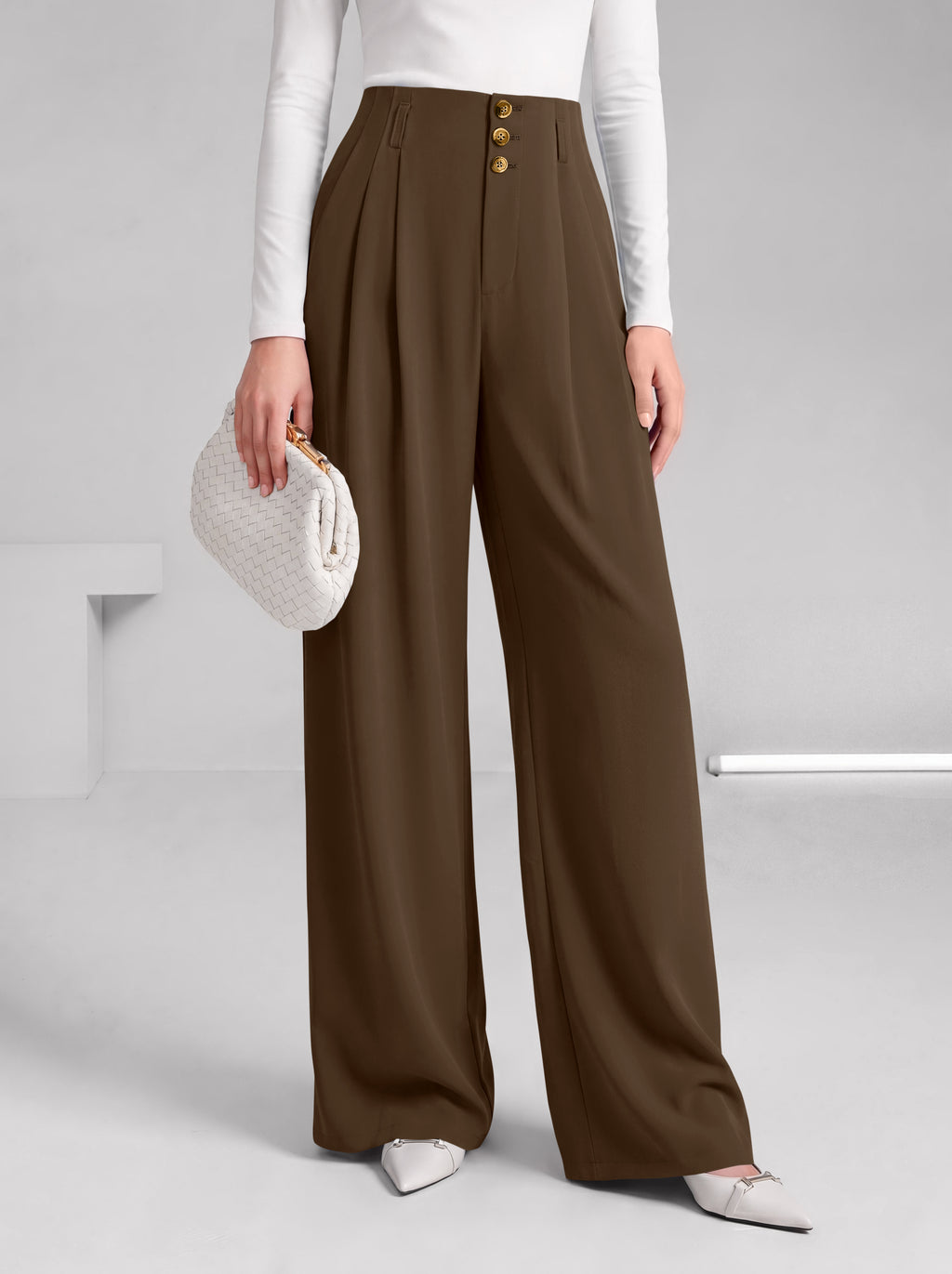 BTFBM Wide Leg Dress Pants Women Business Casual Outfits Elastic High Waisted Palazzo Pants, Button Zip Up Closure, Pleated Office Work Trousers With Pockets, Fall Fashion