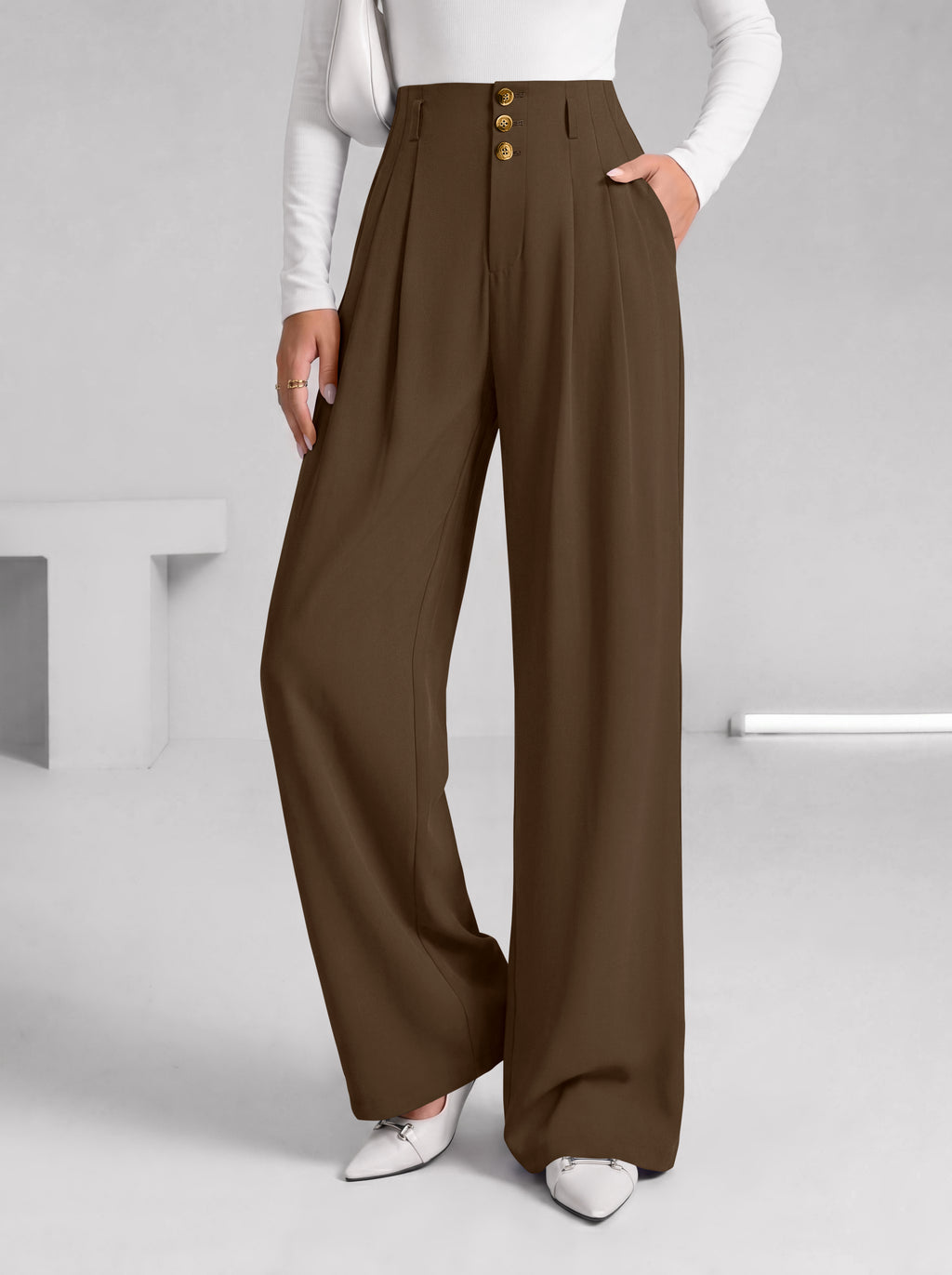 BTFBM Wide Leg Dress Pants Women Business Casual Outfits Elastic High Waisted Palazzo Pants, Button Zip Up Closure, Pleated Office Work Trousers With Pockets, Fall Fashion