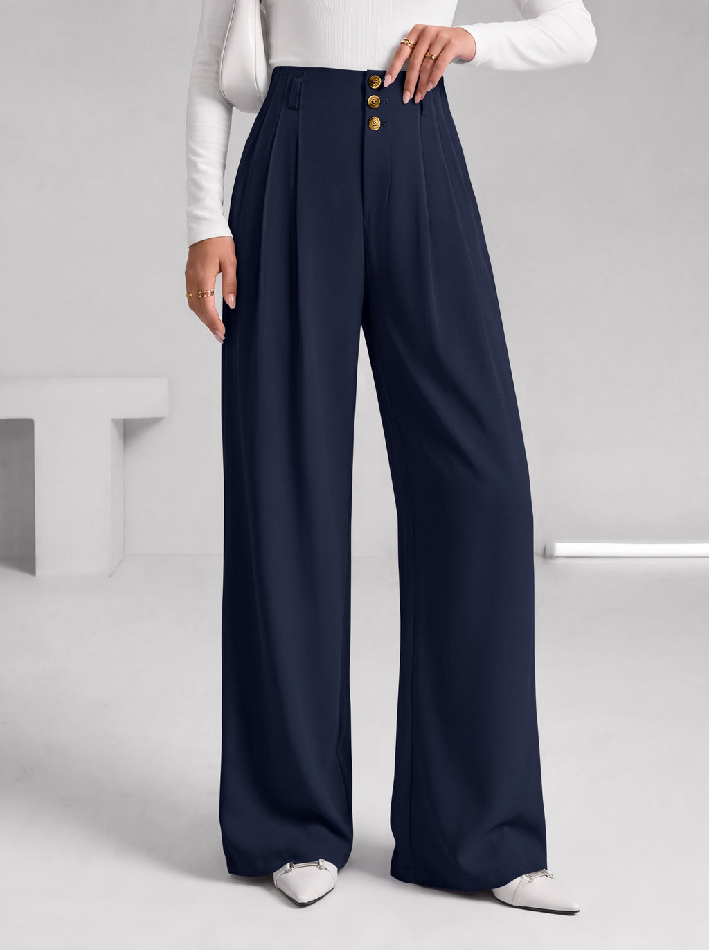 BTFBM Wide Leg Dress Pants Women Business Casual Outfits Elastic High Waisted Palazzo Pants, Button Zip Up Closure, Pleated Office Work Trousers With Pockets, Fall Fashion