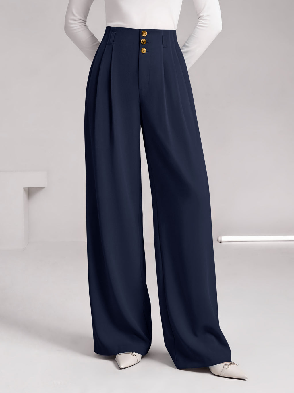 BTFBM Wide Leg Dress Pants Women Business Casual Outfits Elastic High Waisted Palazzo Pants, Button Zip Up Closure, Pleated Office Work Trousers With Pockets, Fall Fashion
