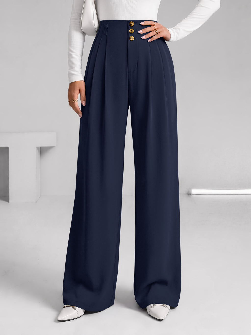 BTFBM Wide Leg Dress Pants Women Business Casual Outfits Elastic High Waisted Palazzo Pants, Button Zip Up Closure, Pleated Office Work Trousers With Pockets, Fall Fashion