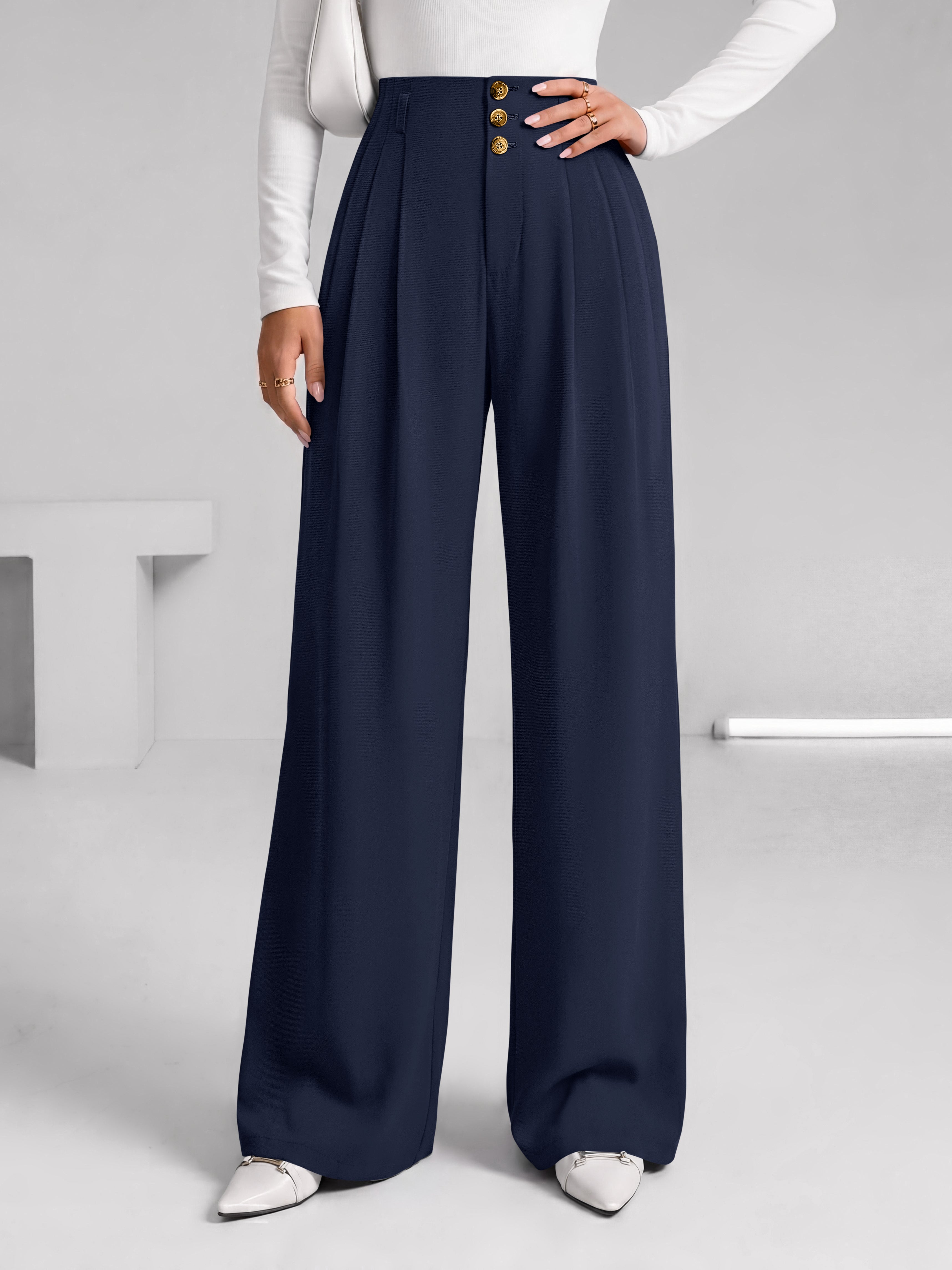 BTFBM Wide Leg Dress Pants Women Business Casual Outfits Elastic High Waisted Palazzo Pants, Button Zip Up Closure, Pleated Office Work Trousers With Pockets, Fall Fashion