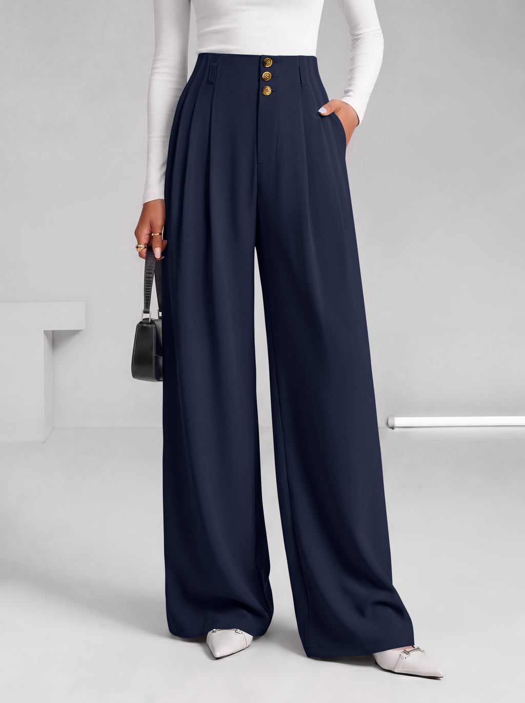 BTFBM Wide Leg Dress Pants Women Business Casual Outfits Elastic High Waisted Palazzo Pants, Button Zip Up Closure, Pleated Office Work Trousers With Pockets, Fall Fashion