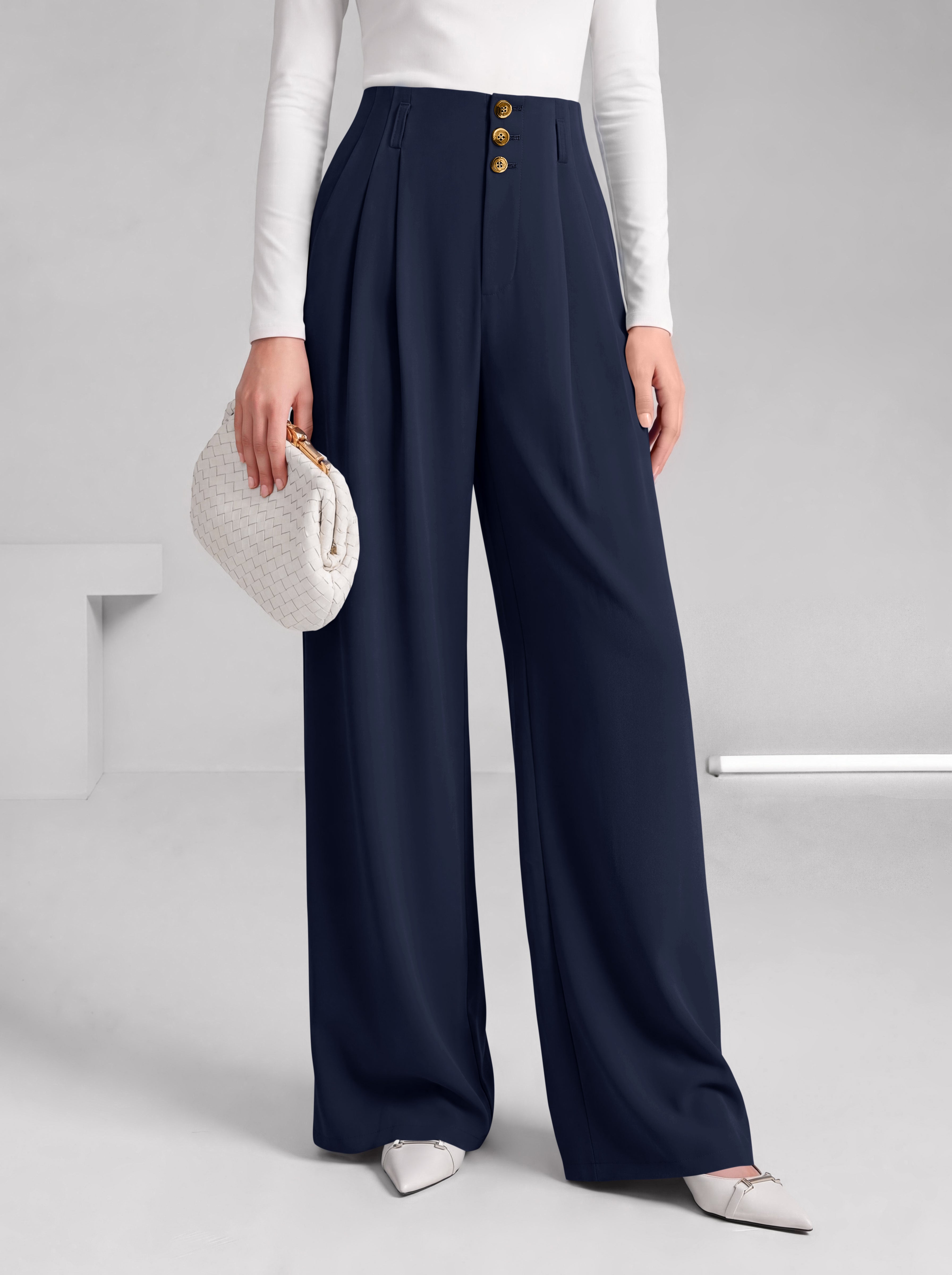 BTFBM Wide Leg Dress Pants Women Business Casual Outfits Elastic High Waisted Palazzo Pants, Button Zip Up Closure, Pleated Office Work Trousers With Pockets, Fall Fashion