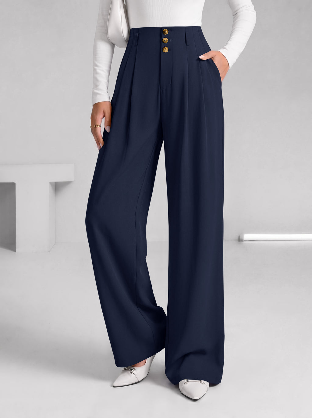 BTFBM Wide Leg Dress Pants Women Business Casual Outfits Elastic High Waisted Palazzo Pants, Button Zip Up Closure, Pleated Office Work Trousers With Pockets, Fall Fashion