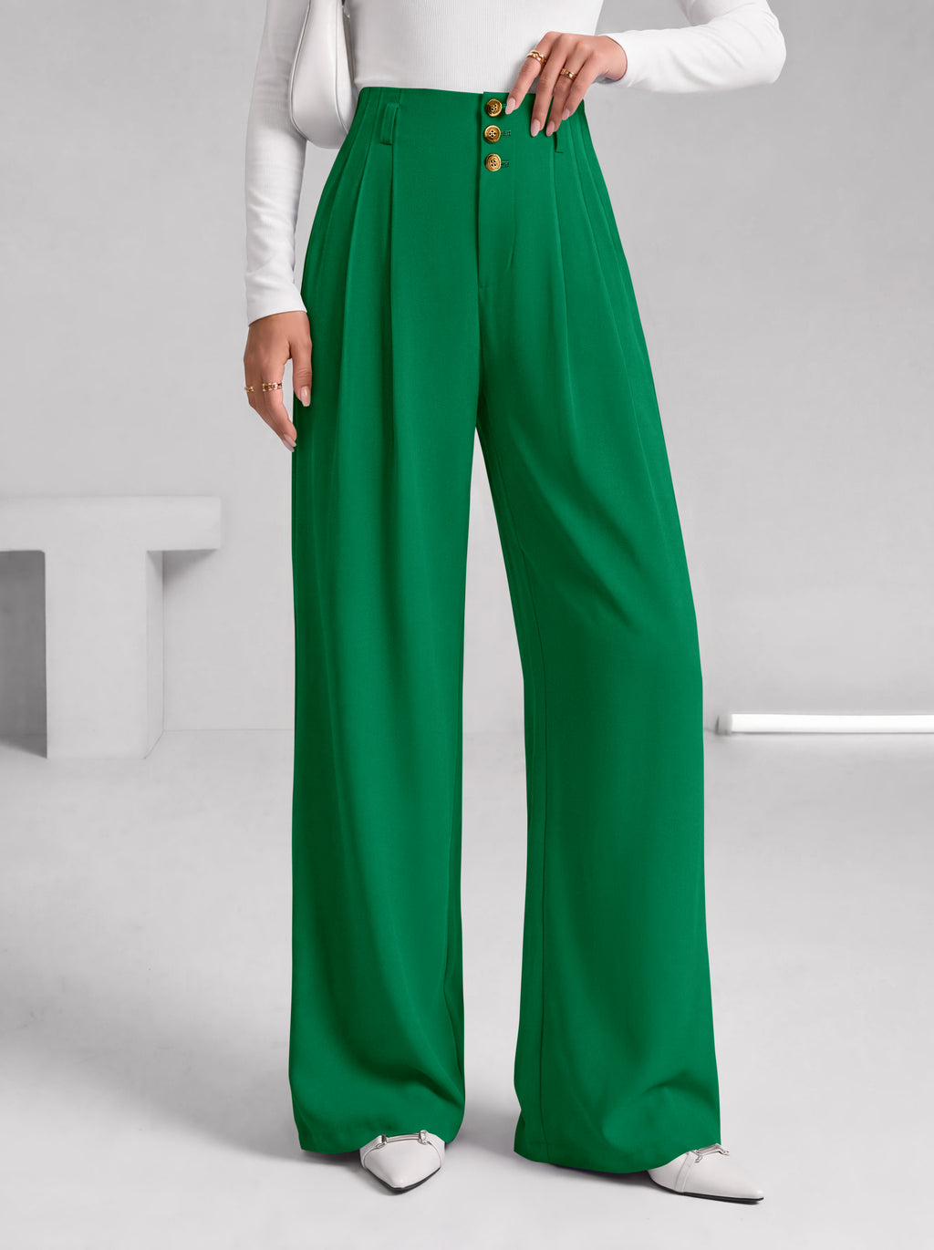 BTFBM Wide Leg Dress Pants Women Business Casual Outfits Elastic High Waisted Palazzo Pants, Button Zip Up Closure, Pleated Office Work Trousers With Pockets, Fall Fashion