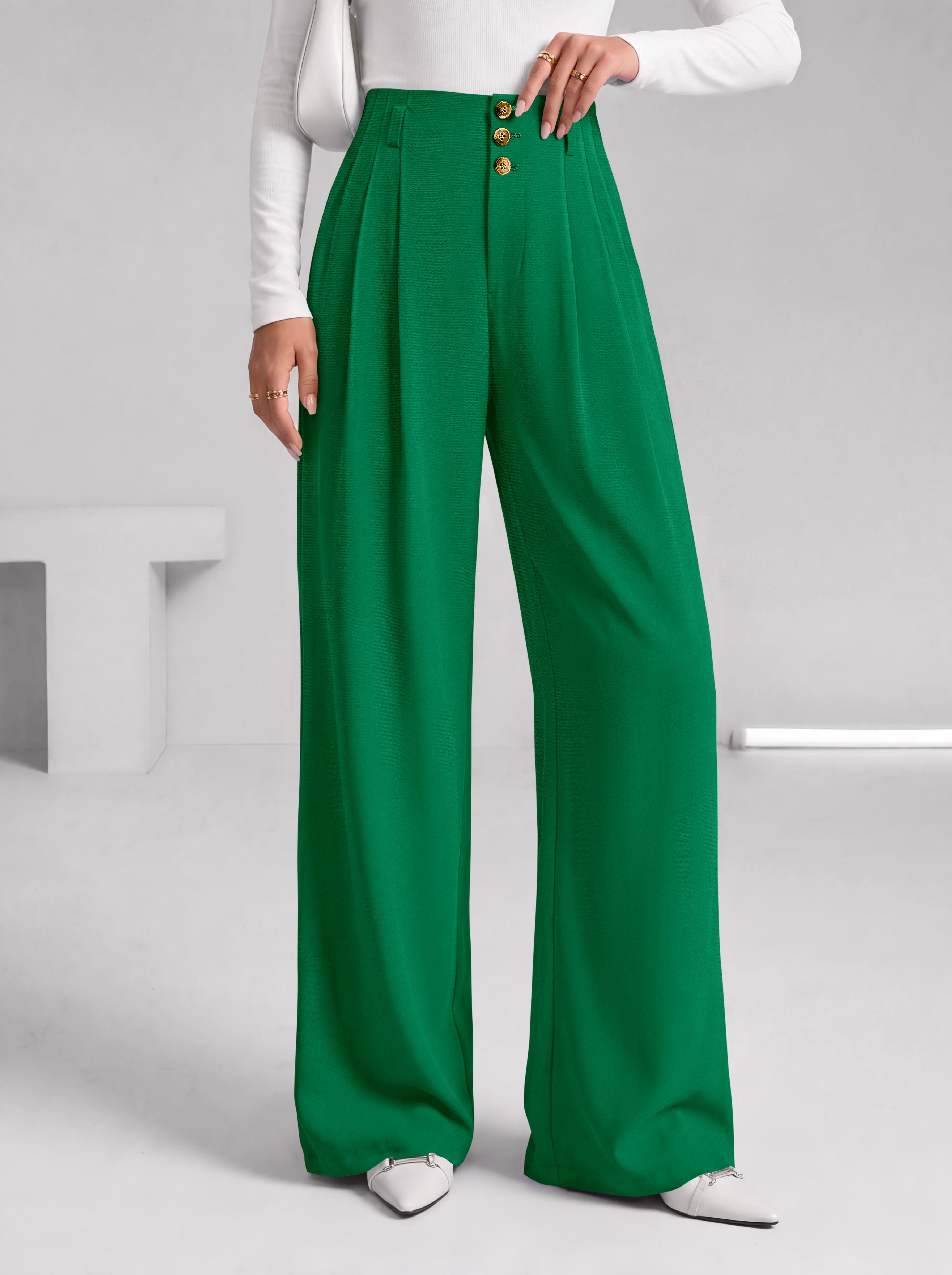 BTFBM Wide Leg Dress Pants Women Business Casual Outfits Elastic High Waisted Palazzo Pants, Button Zip Up Closure, Pleated Office Work Trousers With Pockets, Fall Fashion