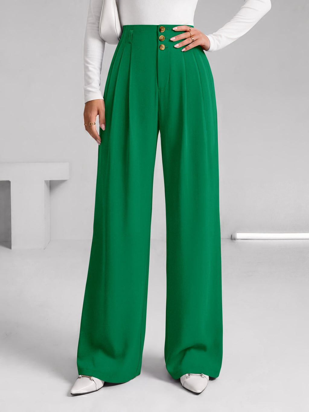 BTFBM Wide Leg Dress Pants Women Business Casual Outfits Elastic High Waisted Palazzo Pants, Button Zip Up Closure, Pleated Office Work Trousers With Pockets, Fall Fashion