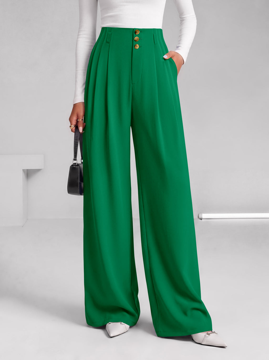 BTFBM Wide Leg Dress Pants Women Business Casual Outfits Elastic High Waisted Palazzo Pants, Button Zip Up Closure, Pleated Office Work Trousers With Pockets, Fall Fashion