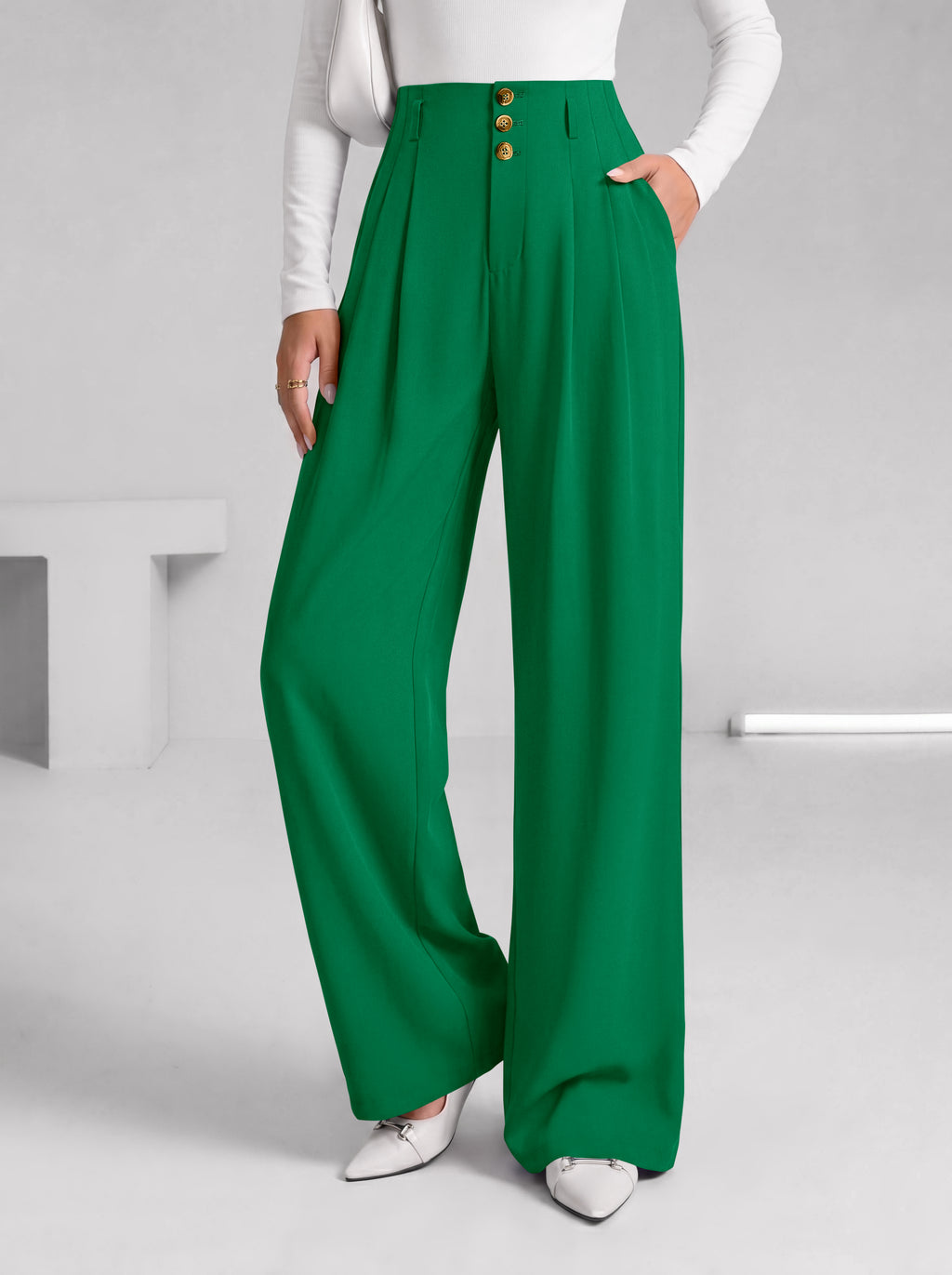 BTFBM Wide Leg Dress Pants Women Business Casual Outfits Elastic High Waisted Palazzo Pants, Button Zip Up Closure, Pleated Office Work Trousers With Pockets, Fall Fashion