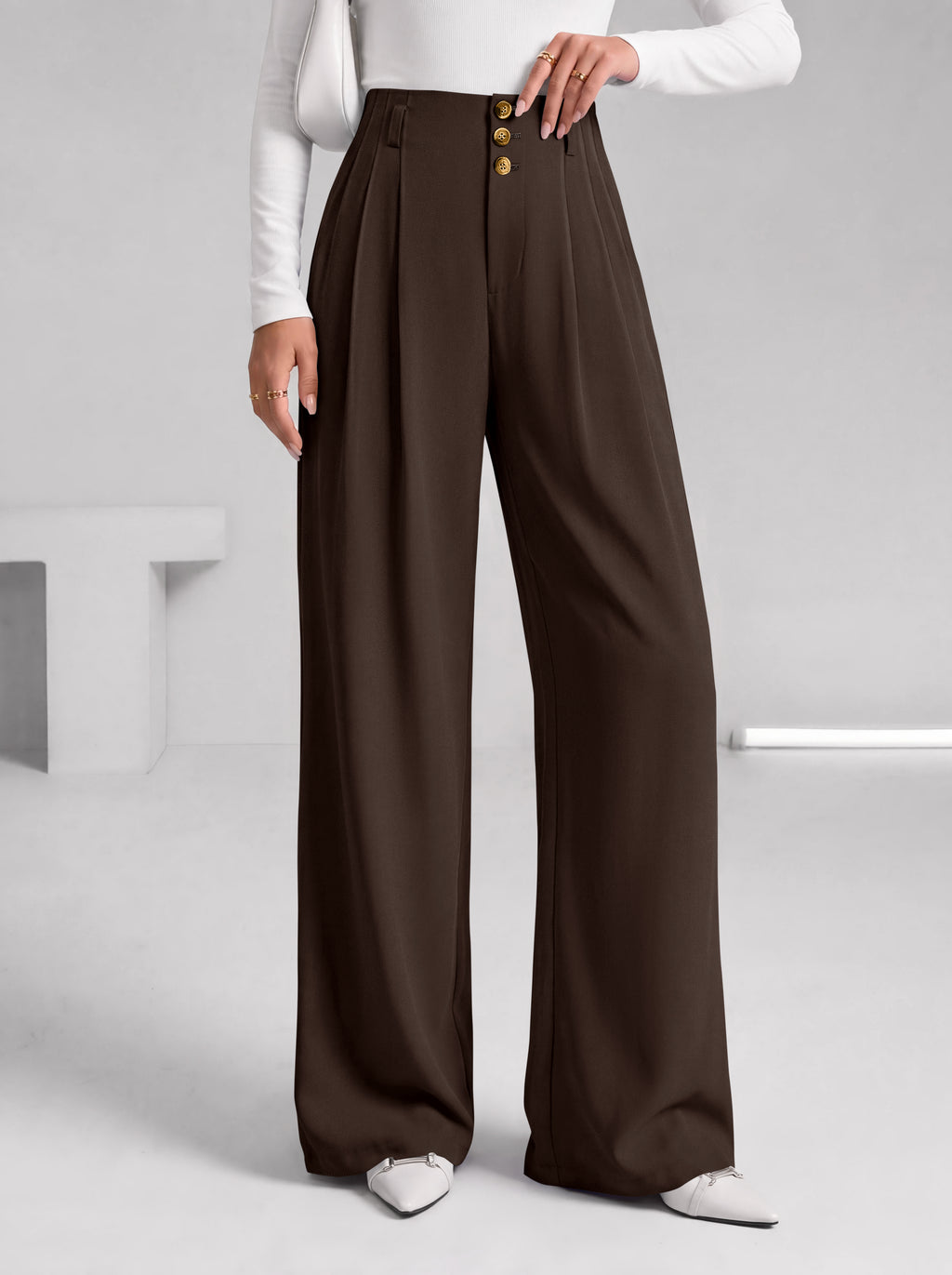 BTFBM Wide Leg Dress Pants Women Business Casual Outfits Elastic High Waisted Palazzo Pants, Button Zip Up Closure, Pleated Office Work Trousers With Pockets, Fall Fashion