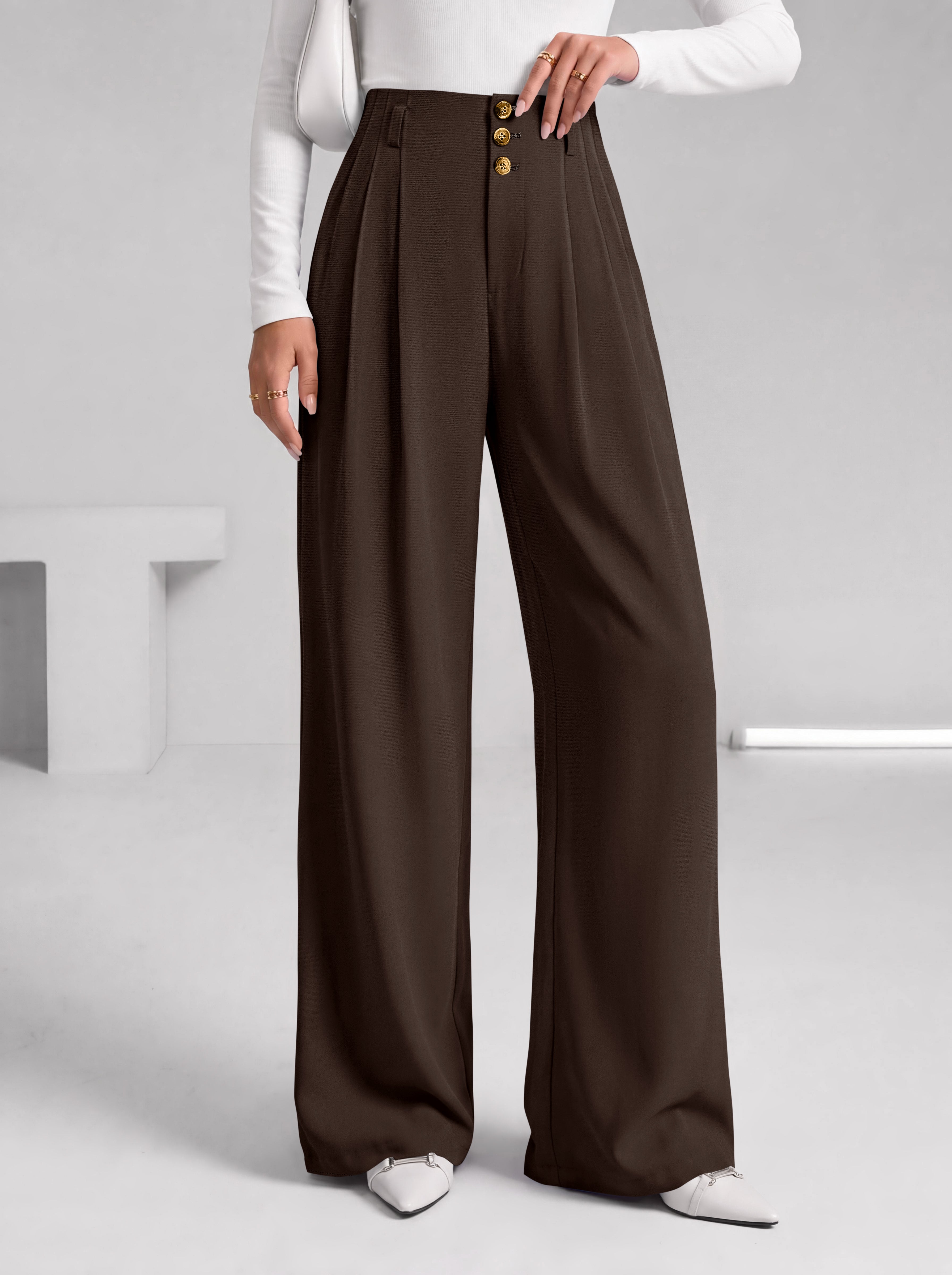 BTFBM Wide Leg Dress Pants Women Business Casual Outfits Elastic High Waisted Palazzo Pants, Button Zip Up Closure, Pleated Office Work Trousers With Pockets, Fall Fashion