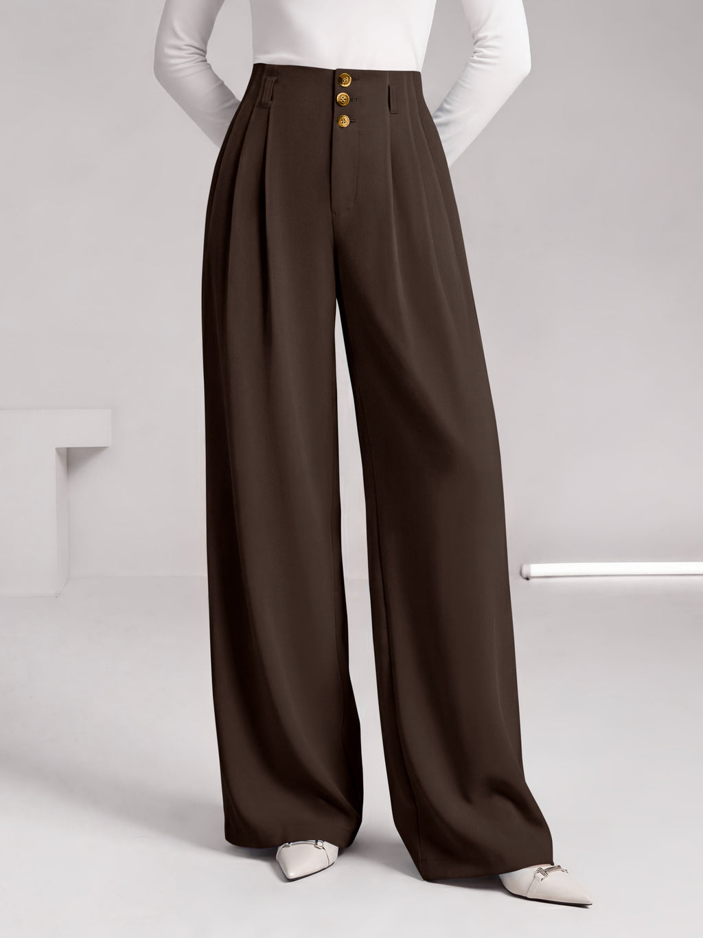 BTFBM Wide Leg Dress Pants Women Business Casual Outfits Elastic High Waisted Palazzo Pants, Button Zip Up Closure, Pleated Office Work Trousers With Pockets, Fall Fashion