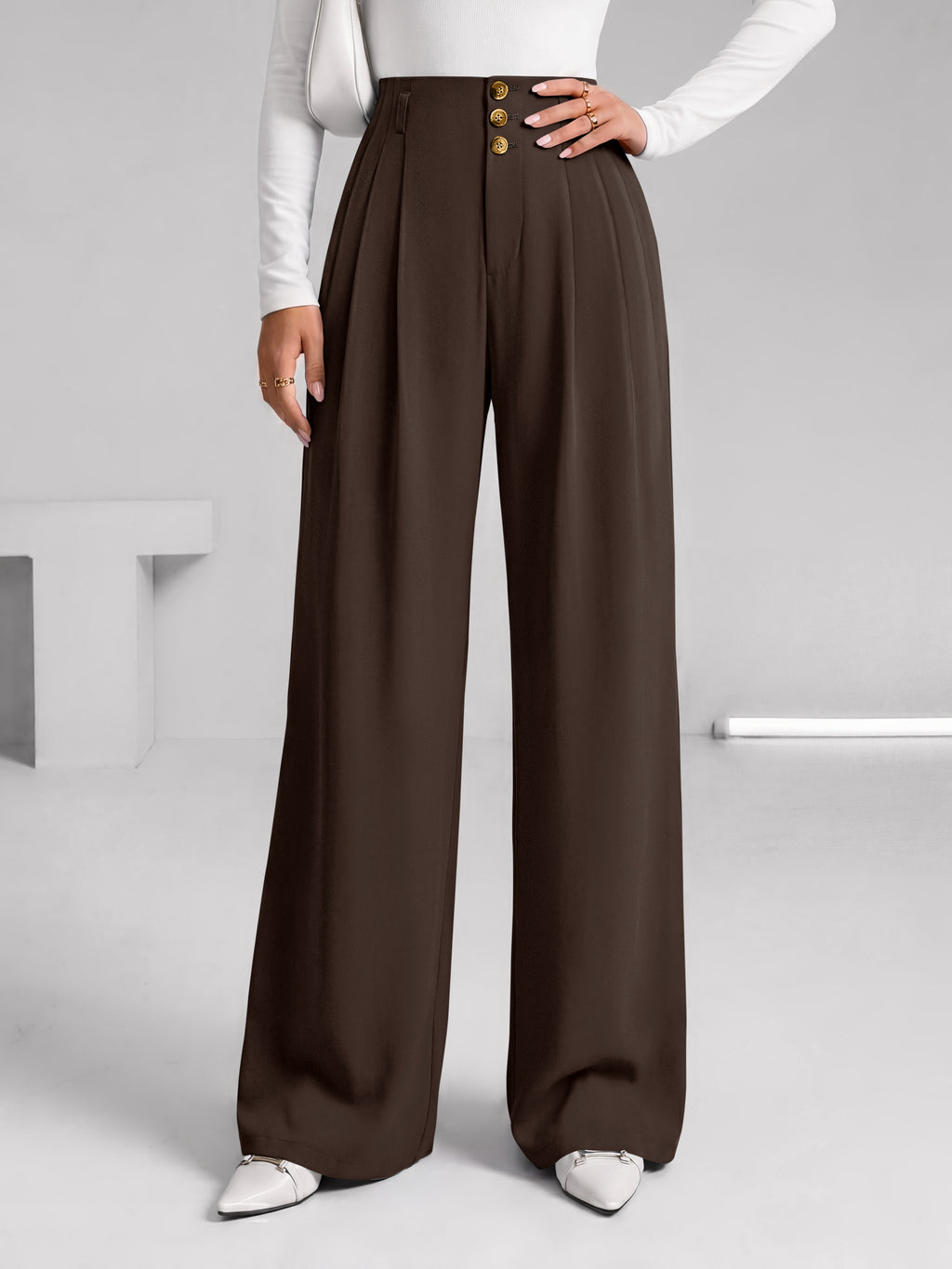 BTFBM Wide Leg Dress Pants Women Business Casual Outfits Elastic High Waisted Palazzo Pants, Button Zip Up Closure, Pleated Office Work Trousers With Pockets, Fall Fashion