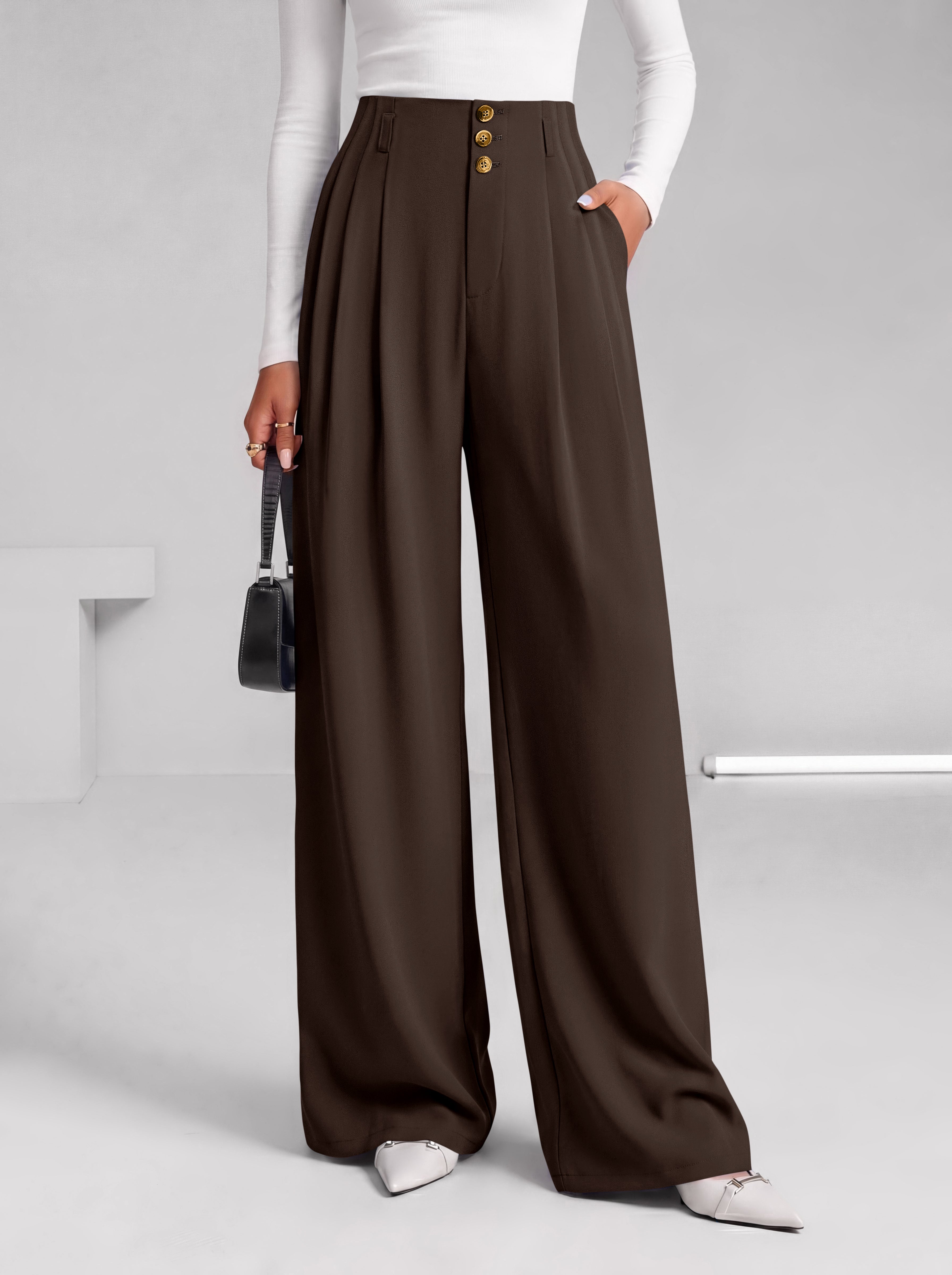 BTFBM Wide Leg Dress Pants Women Business Casual Outfits Elastic High Waisted Palazzo Pants, Button Zip Up Closure, Pleated Office Work Trousers With Pockets, Fall Fashion