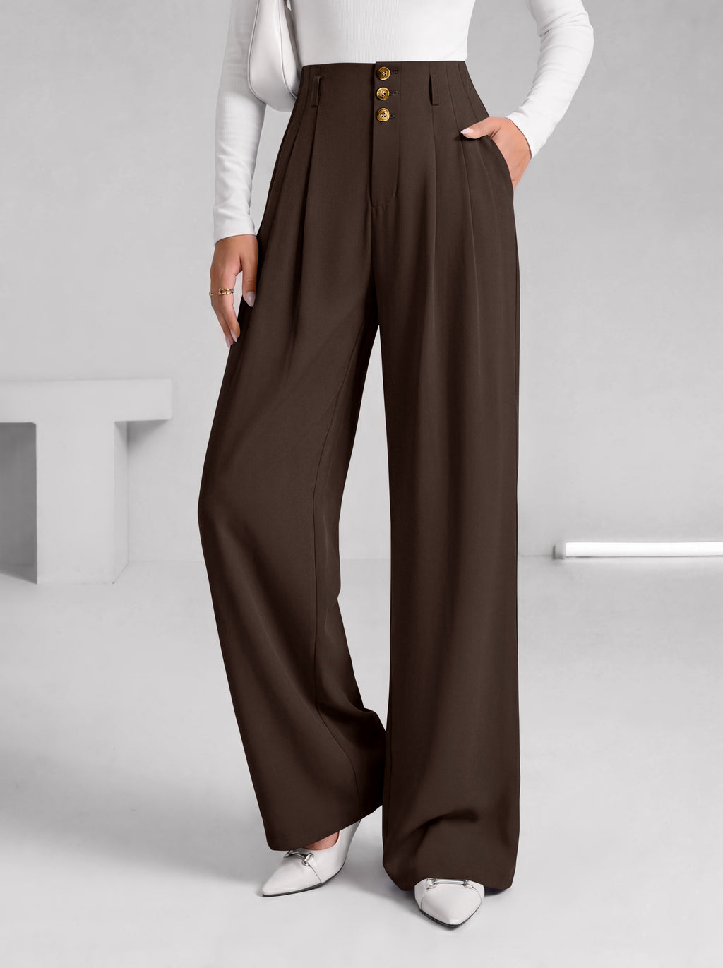 BTFBM Wide Leg Dress Pants Women Business Casual Outfits Elastic High Waisted Palazzo Pants, Button Zip Up Closure, Pleated Office Work Trousers With Pockets, Fall Fashion