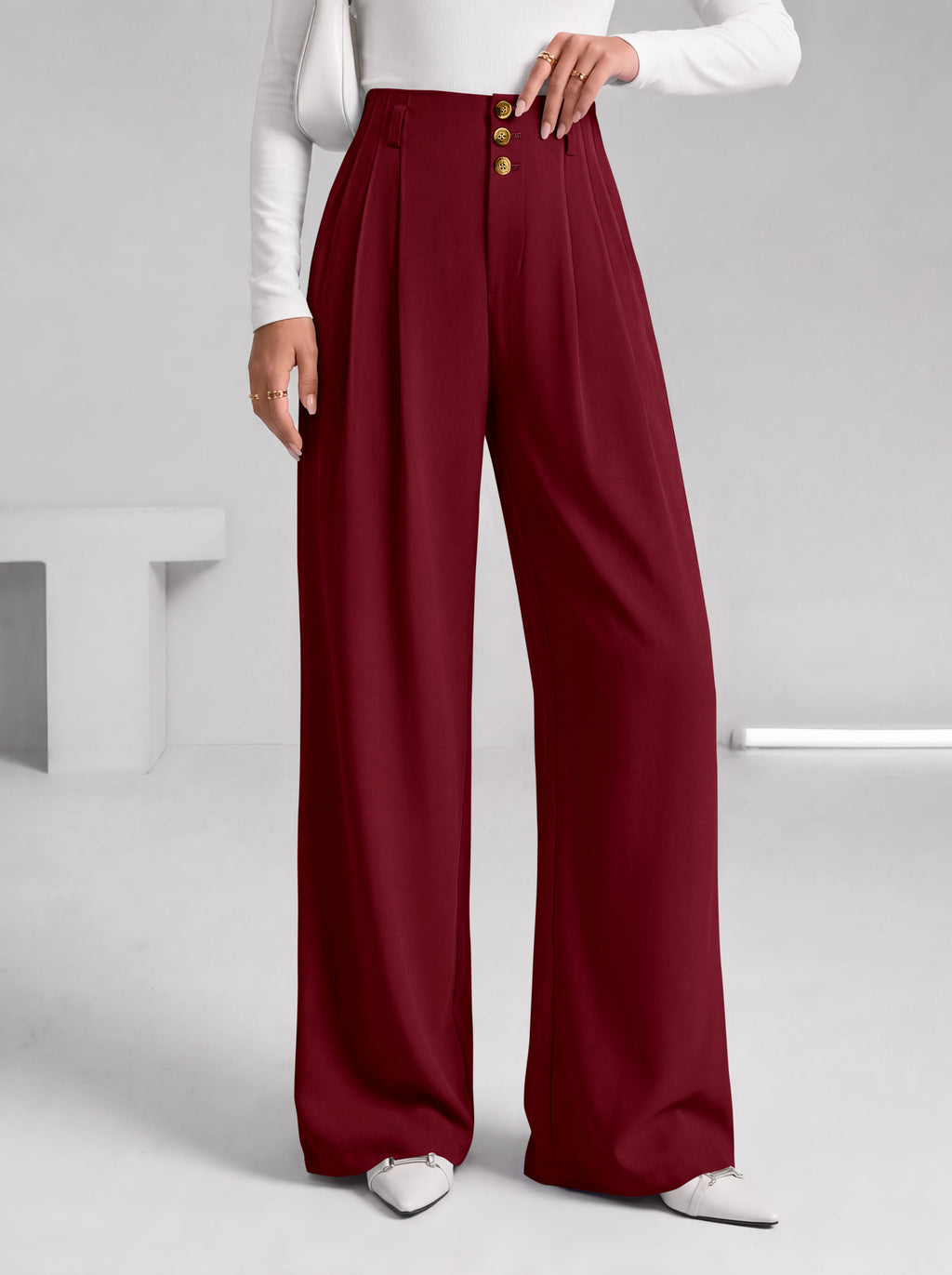 BTFBM Wide Leg Dress Pants Women Business Casual Outfits Elastic High Waisted Palazzo Pants, Button Zip Up Closure, Pleated Office Work Trousers With Pockets, Fall Fashion