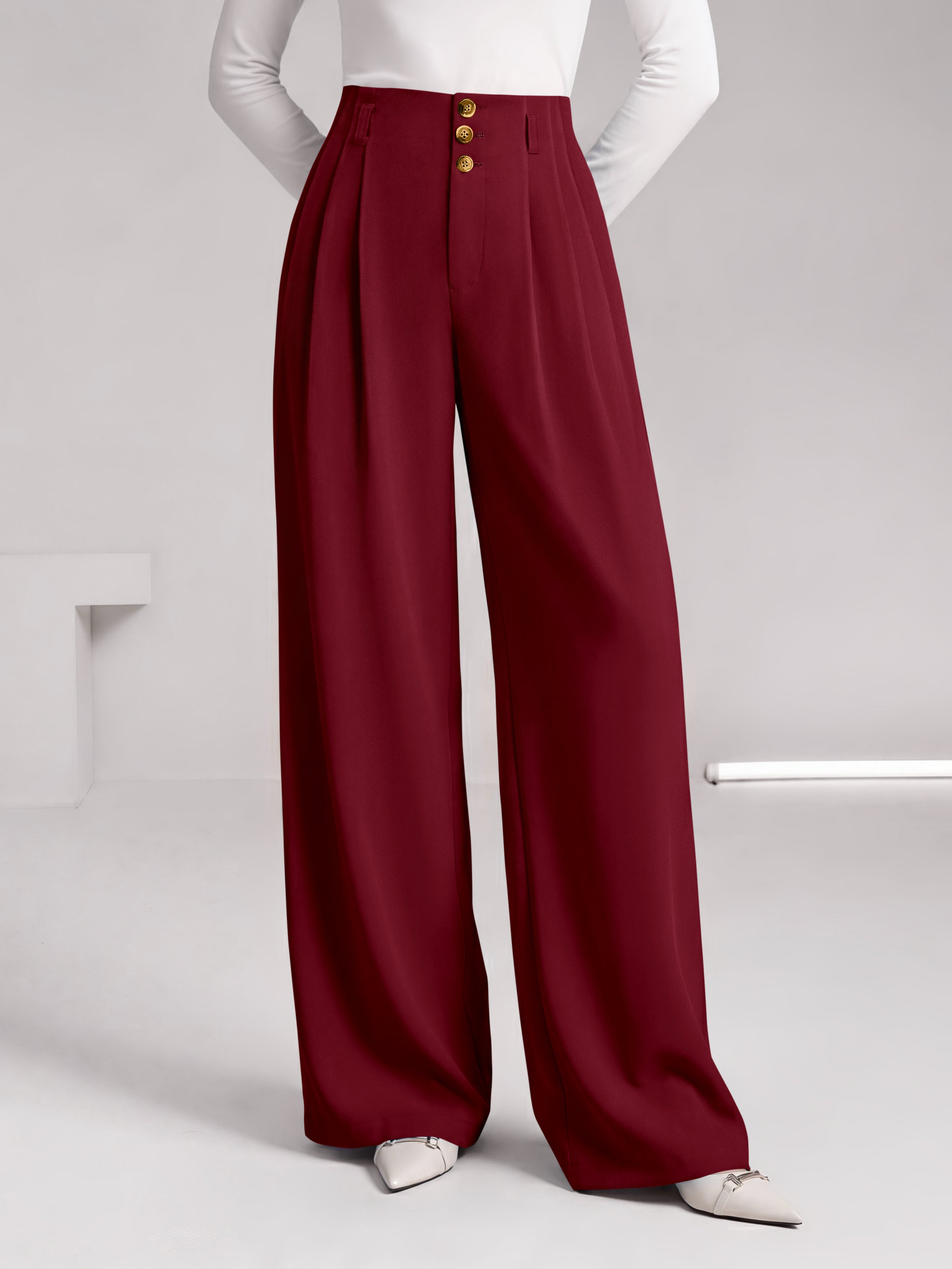 BTFBM Wide Leg Dress Pants Women Business Casual Outfits Elastic High Waisted Palazzo Pants, Button Zip Up Closure, Pleated Office Work Trousers With Pockets, Fall Fashion