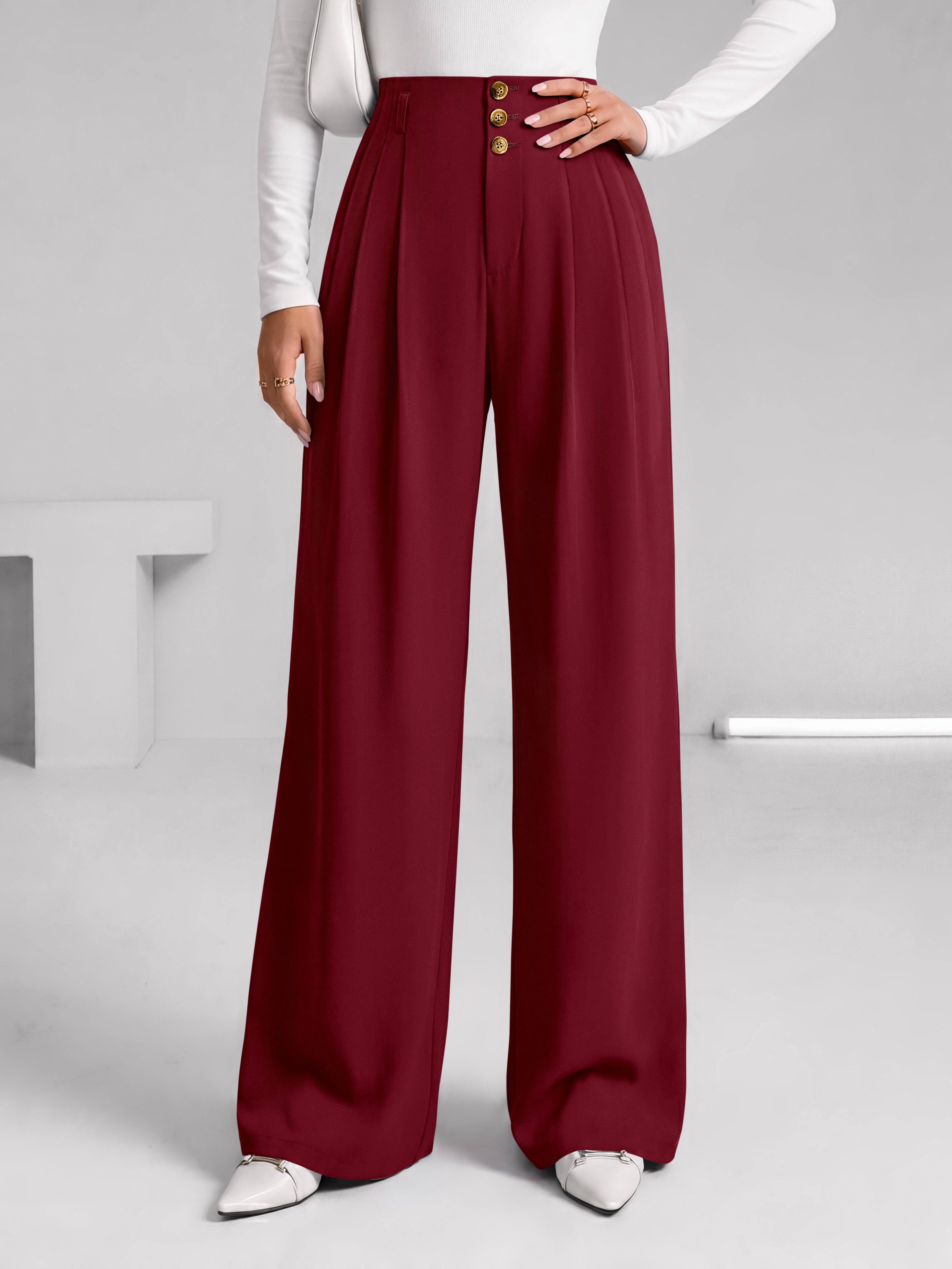 BTFBM Wide Leg Dress Pants Women Business Casual Outfits Elastic High Waisted Palazzo Pants, Button Zip Up Closure, Pleated Office Work Trousers With Pockets, Fall Fashion