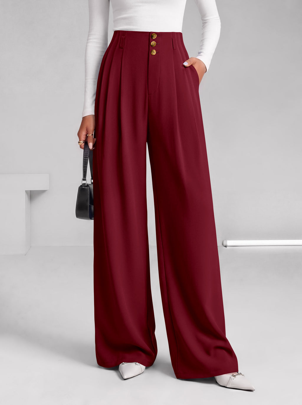 BTFBM Wide Leg Dress Pants Women Business Casual Outfits Elastic High Waisted Palazzo Pants, Button Zip Up Closure, Pleated Office Work Trousers With Pockets, Fall Fashion