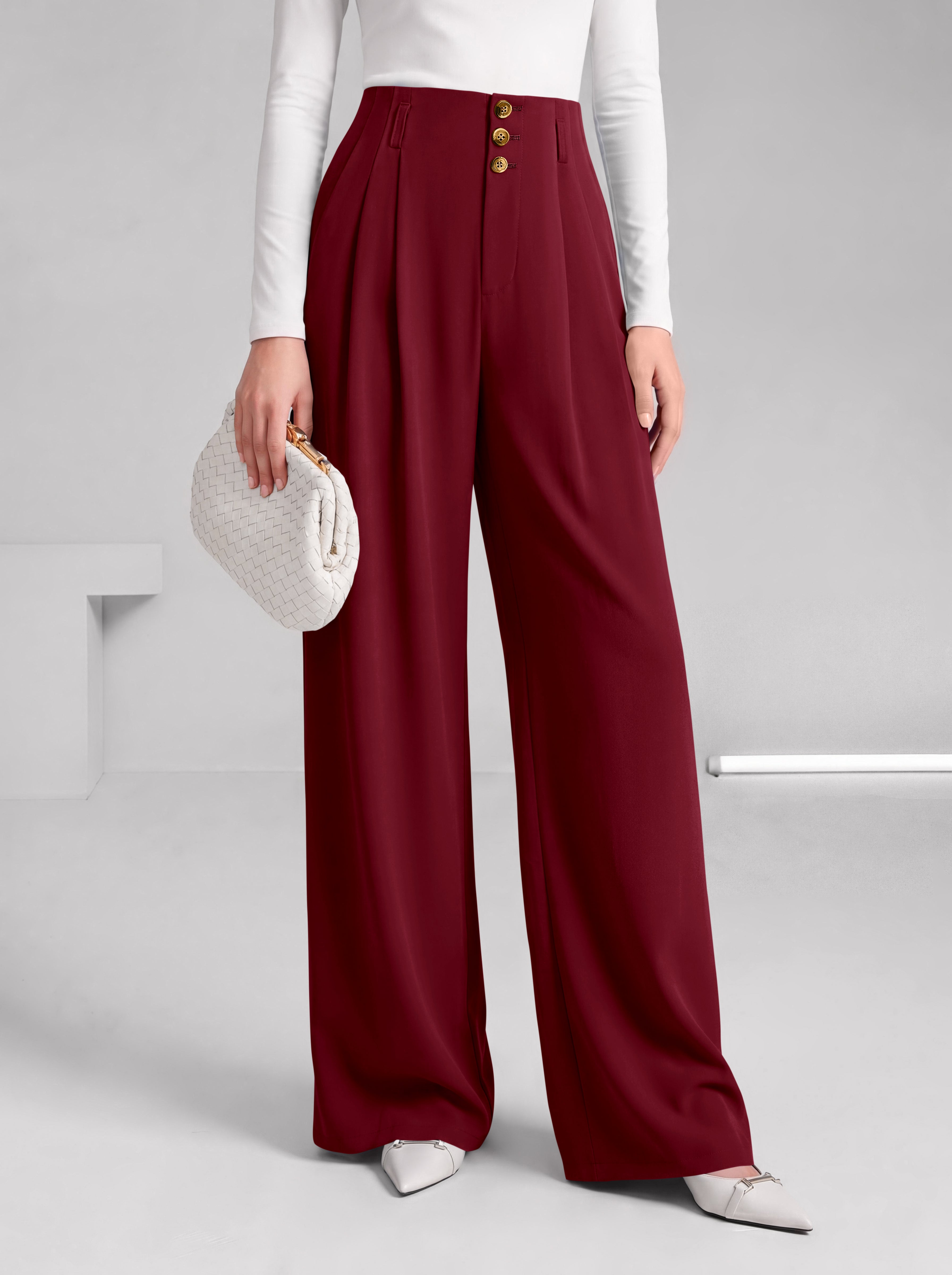 BTFBM Wide Leg Dress Pants Women Business Casual Outfits Elastic High Waisted Palazzo Pants, Button Zip Up Closure, Pleated Office Work Trousers With Pockets, Fall Fashion