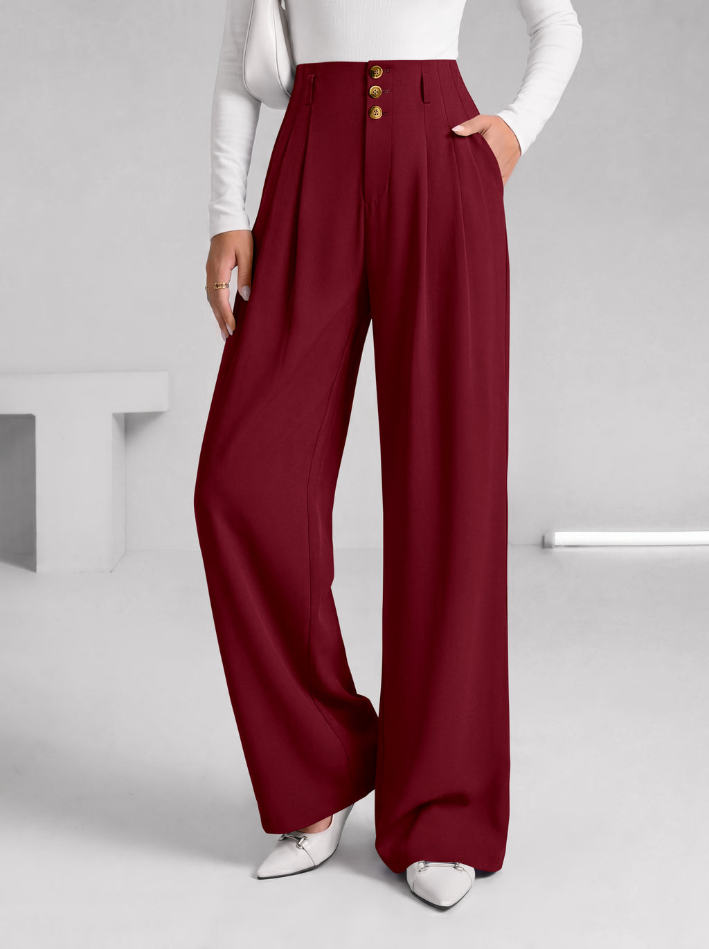 BTFBM Wide Leg Dress Pants Women Business Casual Outfits Elastic High Waisted Palazzo Pants, Button Zip Up Closure, Pleated Office Work Trousers With Pockets, Fall Fashion